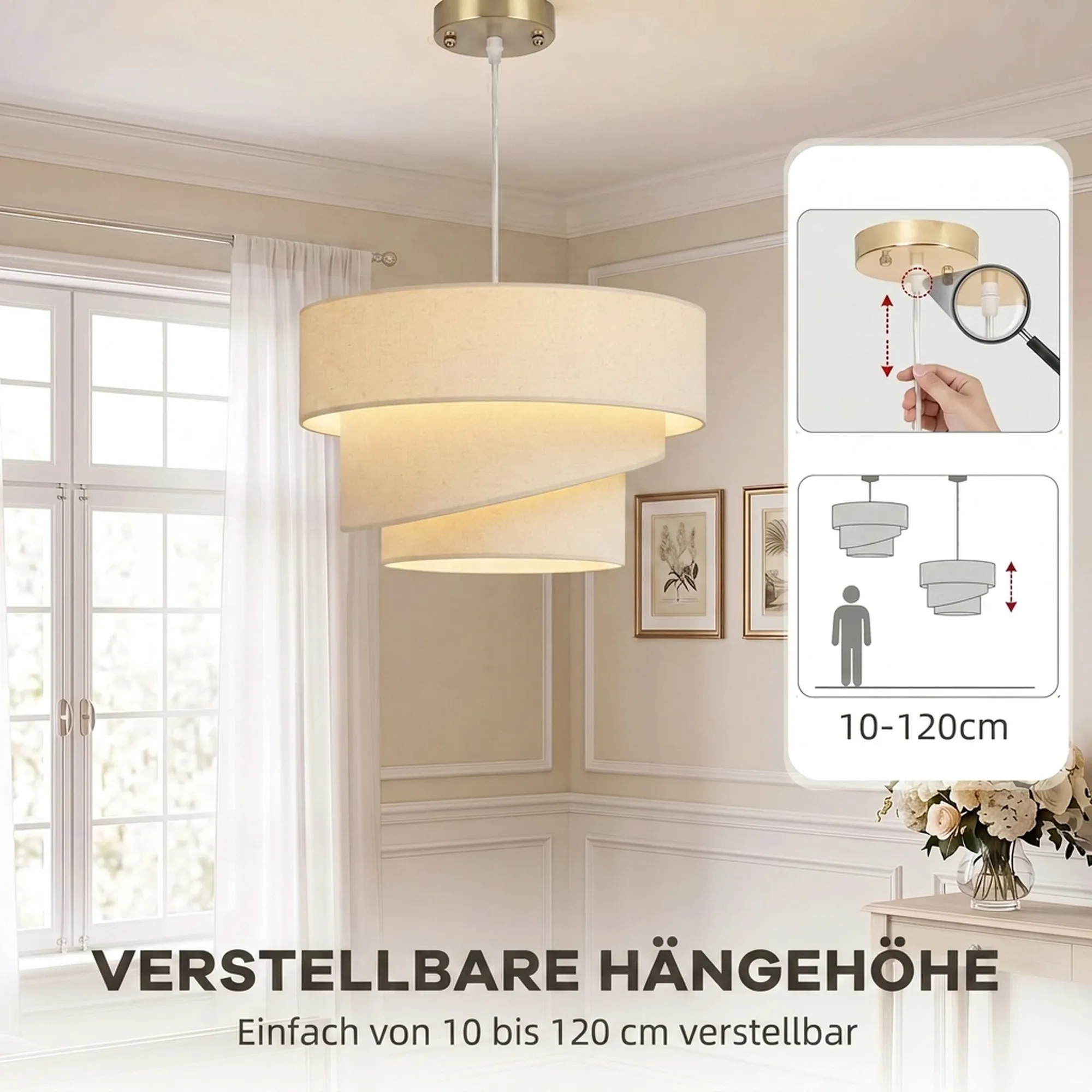 Pendelleuchte 3 Leinenschirme höhenverstellbar Beige 50x50 cm