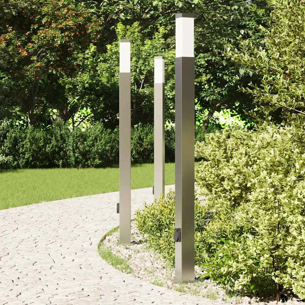 Silberne Edelstahl Pollerleuchte 10x10x110 cm mit Steckdose und IP44