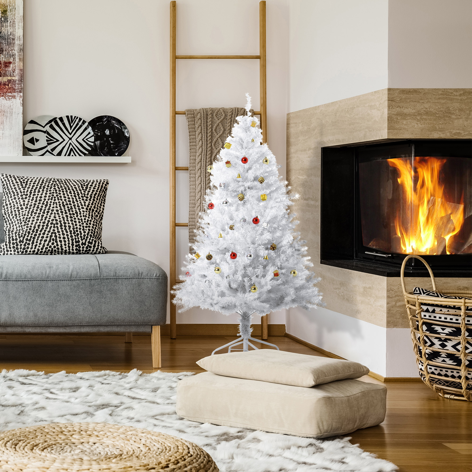 Künstlicher Weihnachtsbaum Weiß 150 cm mit Deko und Metallständer