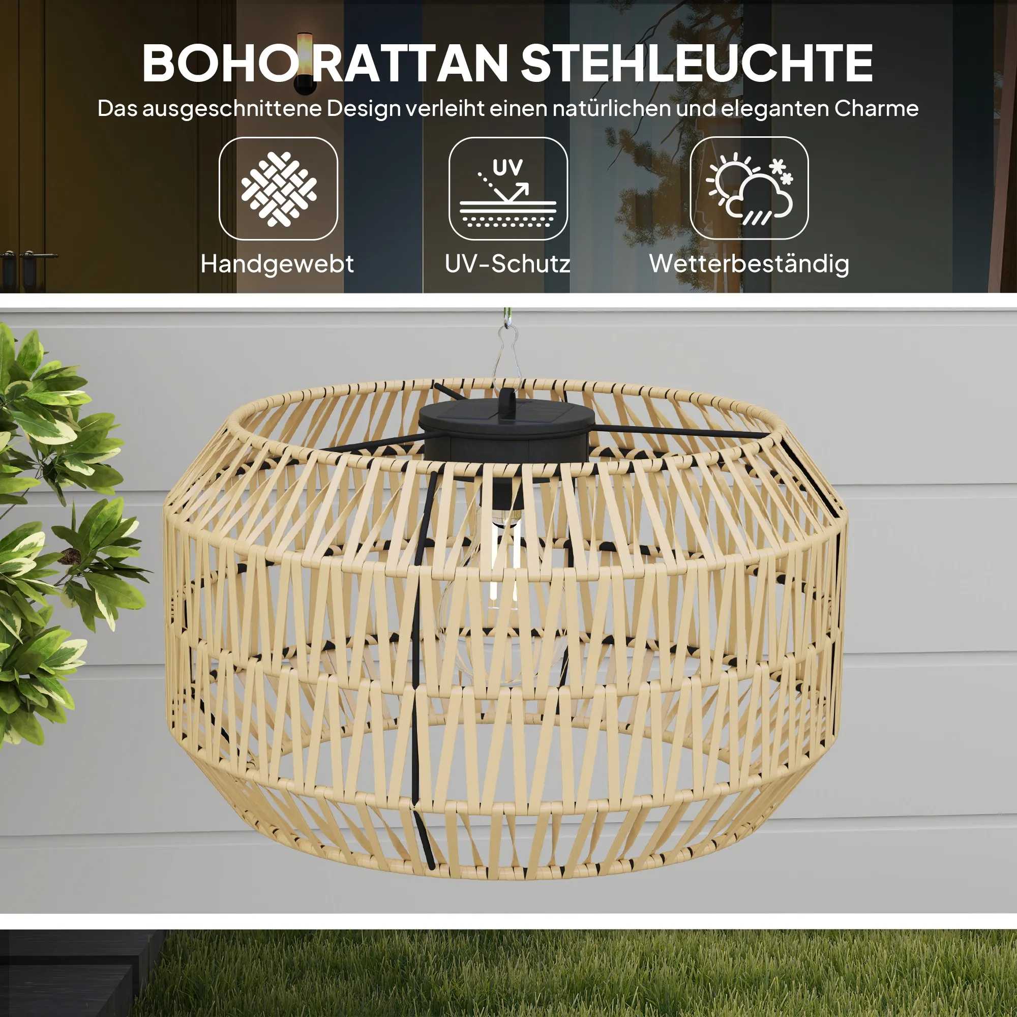 Solar Stehlampe Rattan Boho-Stil IP44 Schwarz-Gelb 178 cm