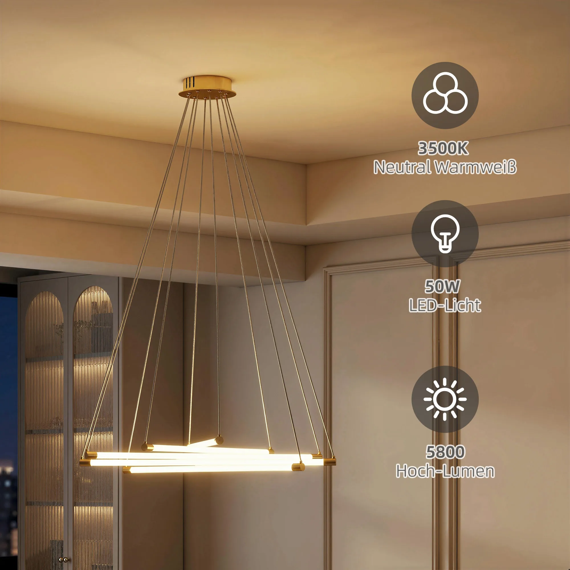 LED Pendelleuchte 50W anpassbar Metall Gold+Weiß Ø82 cm