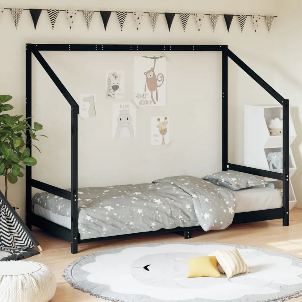 Kinderbett aus massivem Kiefernholz Schwarz 195,5 x 95,5 x 158 cm