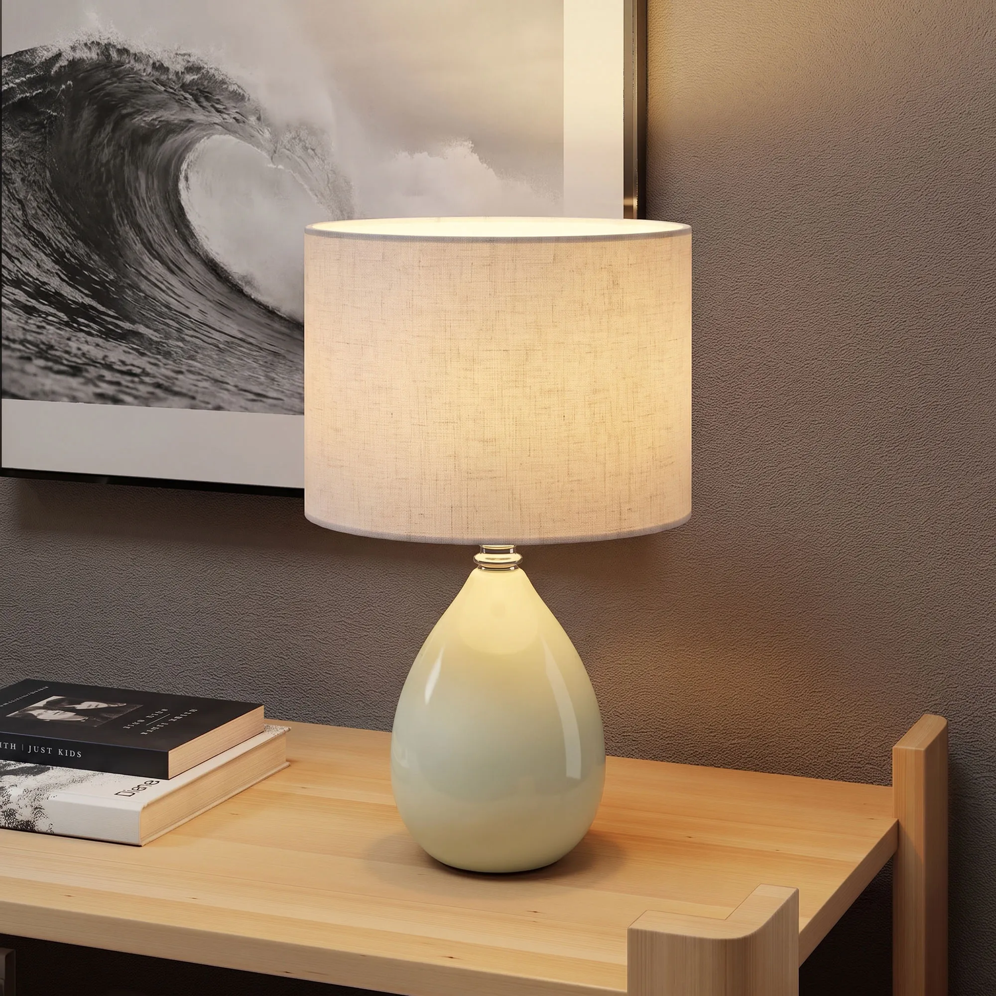 Tischlampe Vintage Keramik mit Leinenschirm, Cremeweiß, 35 cm
