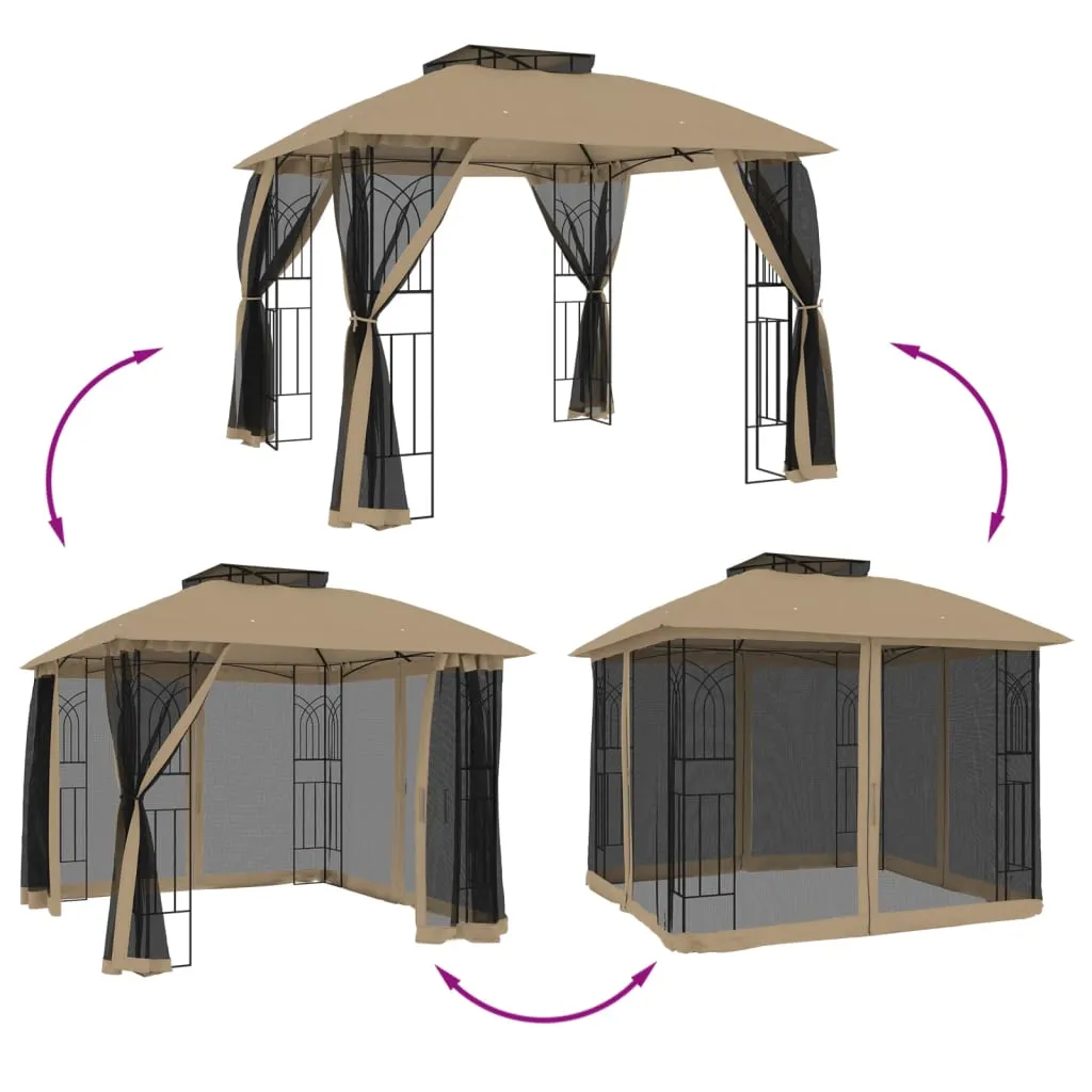 Pavillon 2,94x2,94x2,7 m Anthrazit mit Taupe Dach und schwarzen Netzwänden