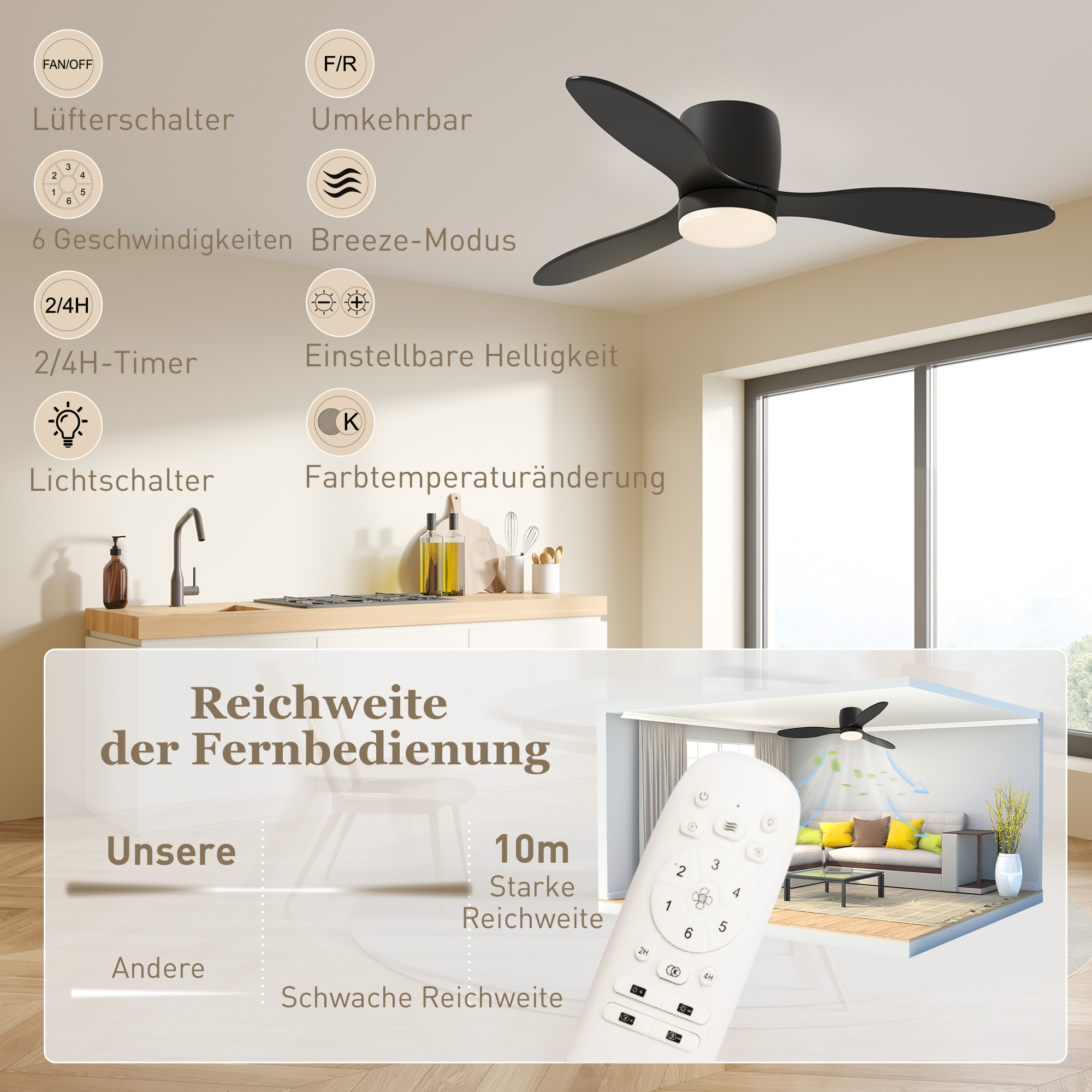 Deckenventilator mit Licht Ø115 cm Schwarz