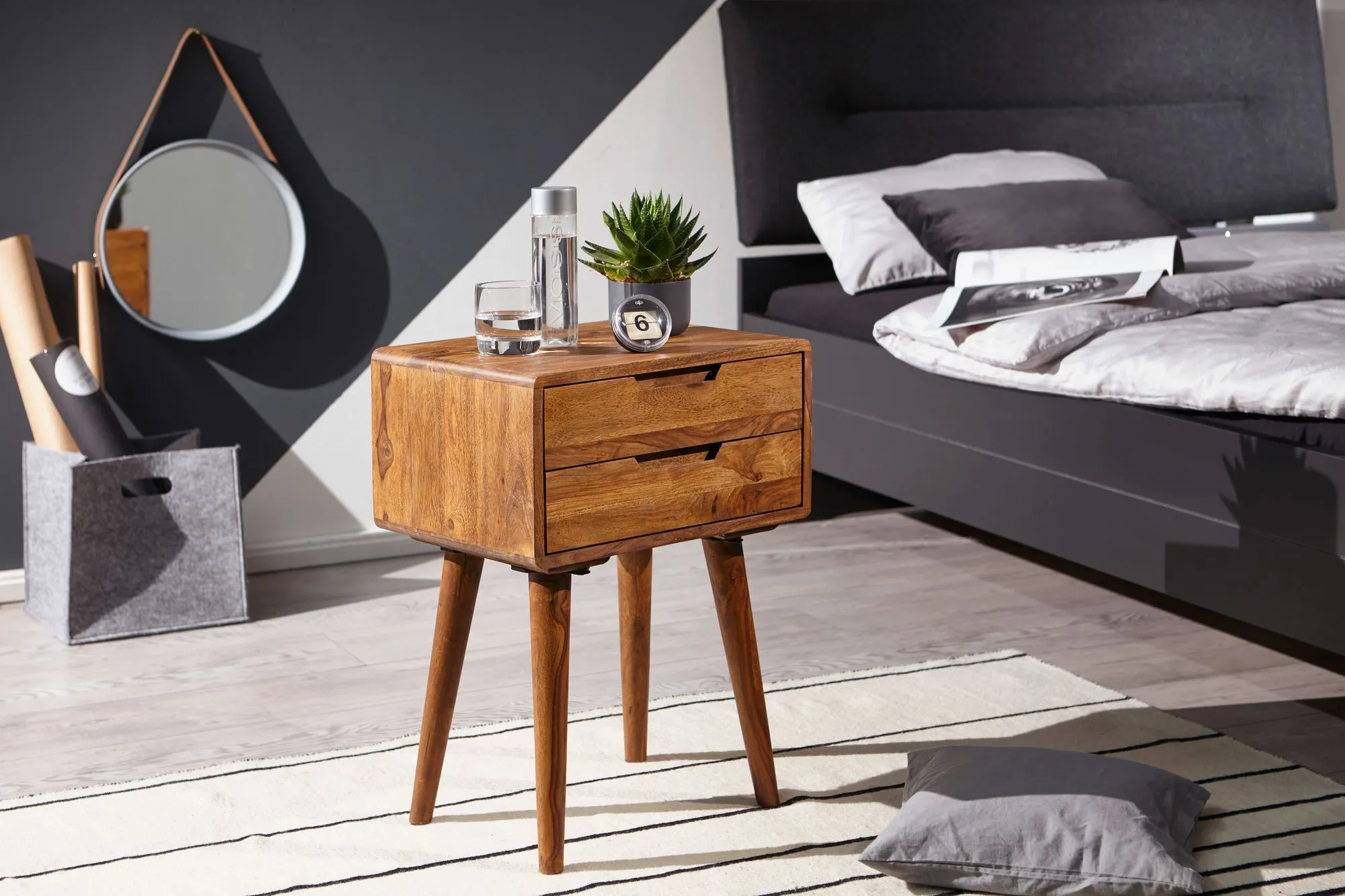 WOHNLING Nachtkonsole 47 x 66 x 36 cm Sheesham Nachttisch Boxspringbett
