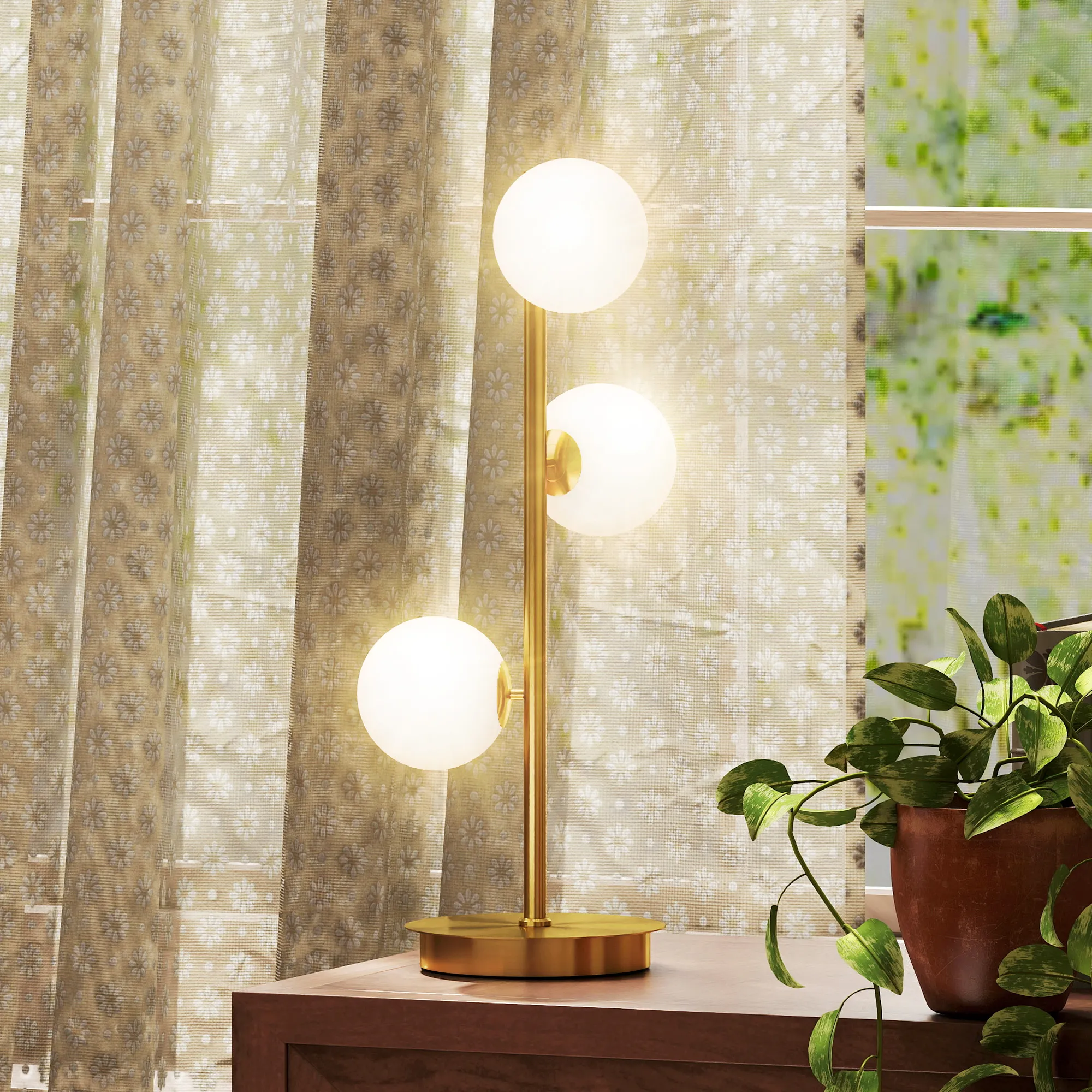 Tischlampe mit 3 Kugelschirmen, Stahlfuß, Messingfarben, 53 cm