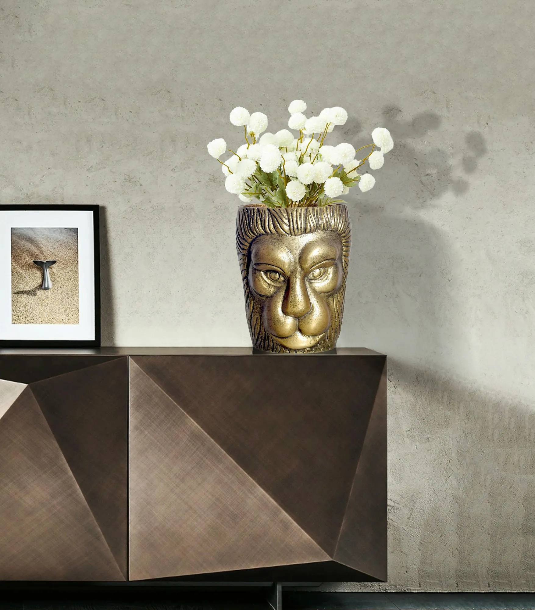 Deko Vase Löwenkopf 21 cm Aluminium Gold Blumenvase Modern Klein
