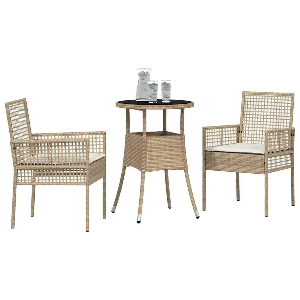 Garten-Esszimmer-Set Poly-Rattan Beige mit 1 Tisch, 2 Stühlen, 2 Kissen