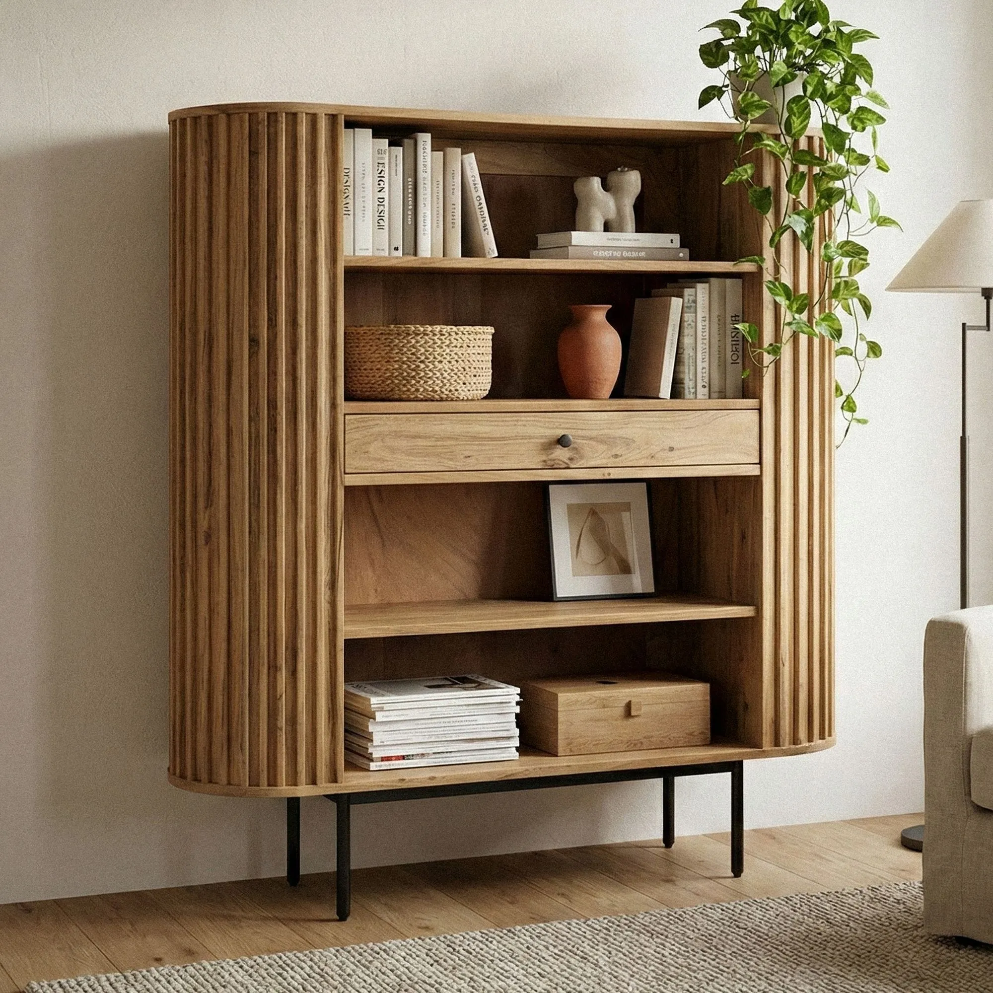 Bücherregal Massivholz Akazie 105x122 cm Lamellen Design - Offenes Standregal mit Schublade - Stauraumregal Metallbeine - Wohnregal Wohnzimmer - Kleiner Schrank Regal Handmade