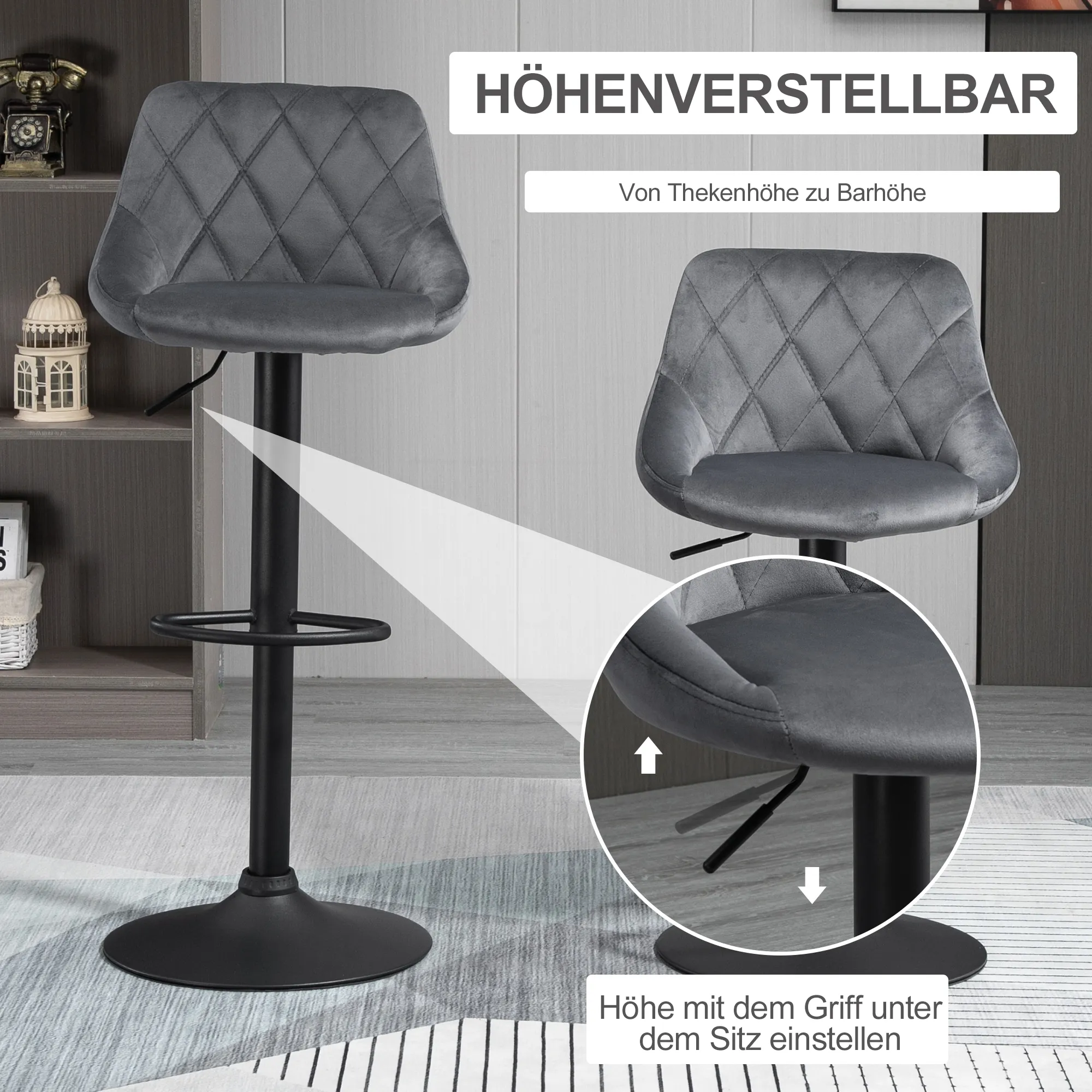 Barhocker Dunkelgrau 46B x 48T x 60-81H cm mit Höhenverstellung