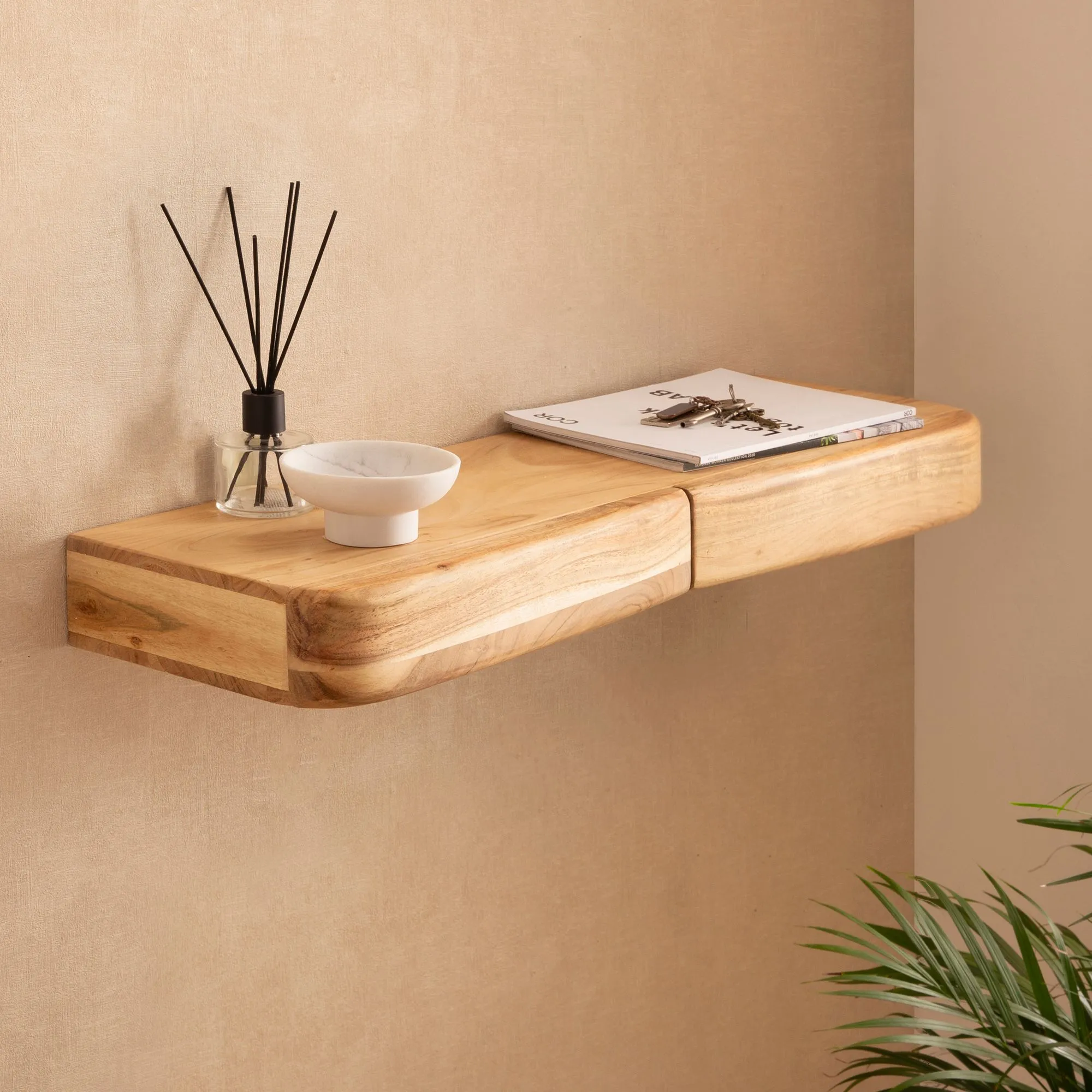 Wandregal Akazie Massivholz 80cm mit zwei Schubladen - Design Regal für die Wand - Holz Wandboard mit Stauraum - Schwebendes Hängeregal aus Echtholz