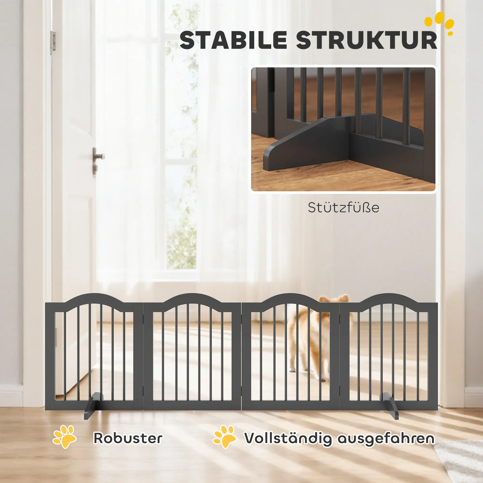 Hunde Absperrgitter klappbar aus Holz, 208 x 61 cm, Schwarz