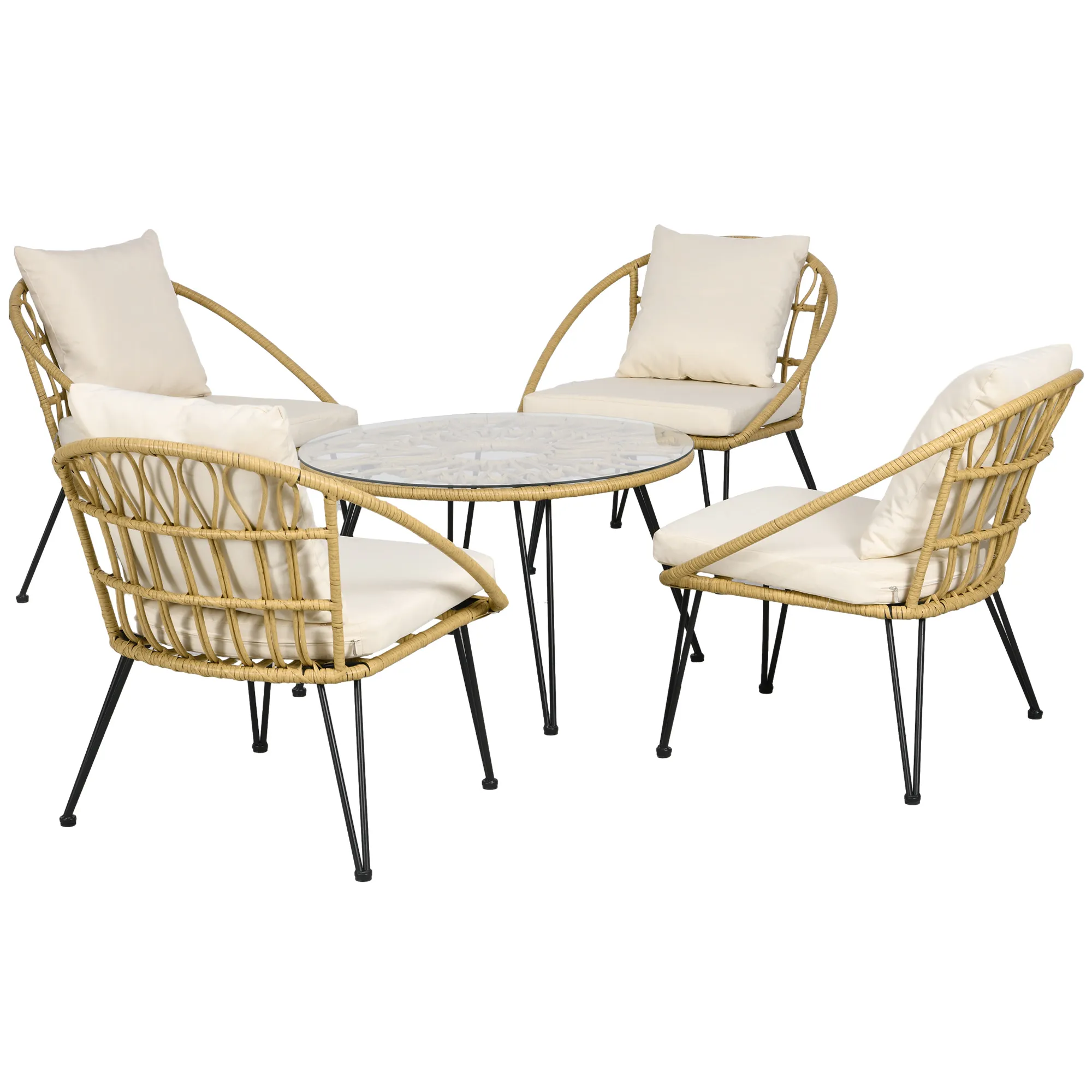 5-teilige Gartensitzgruppe, Boho-Stil, 1 Esstisch & 4 Stühle, Auflagen, Polyrattan, Beige/Natur