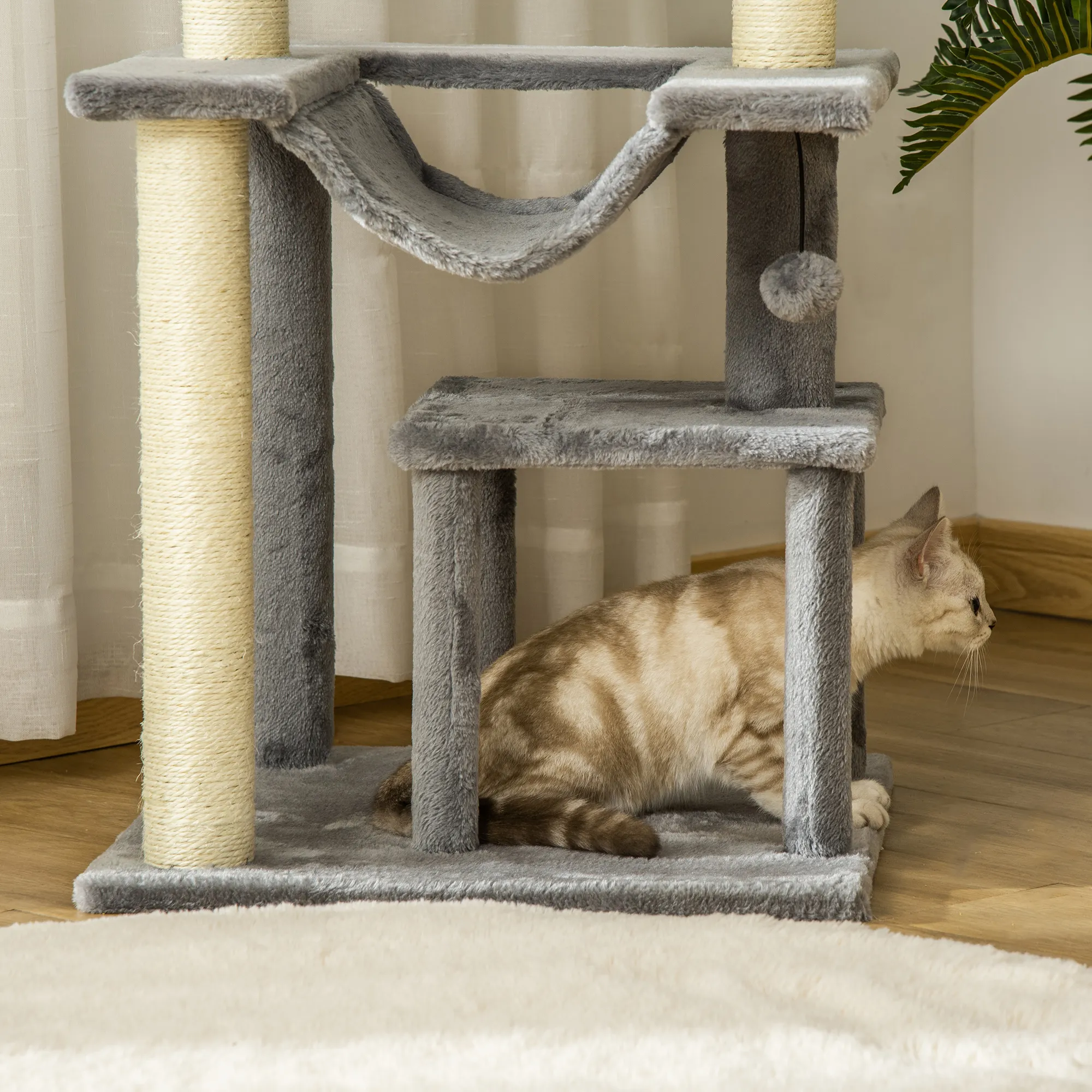 Kratzbaum für Katzen mit Hängematte und Höhle, Plüsch, Grau, 90cm