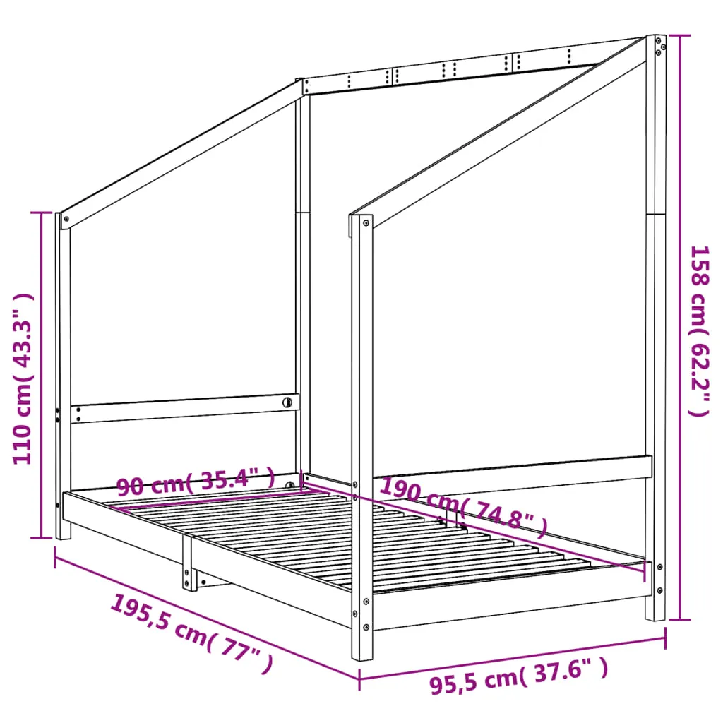 Kinderbett aus massivem Kiefernholz Schwarz 195,5 x 95,5 x 158 cm