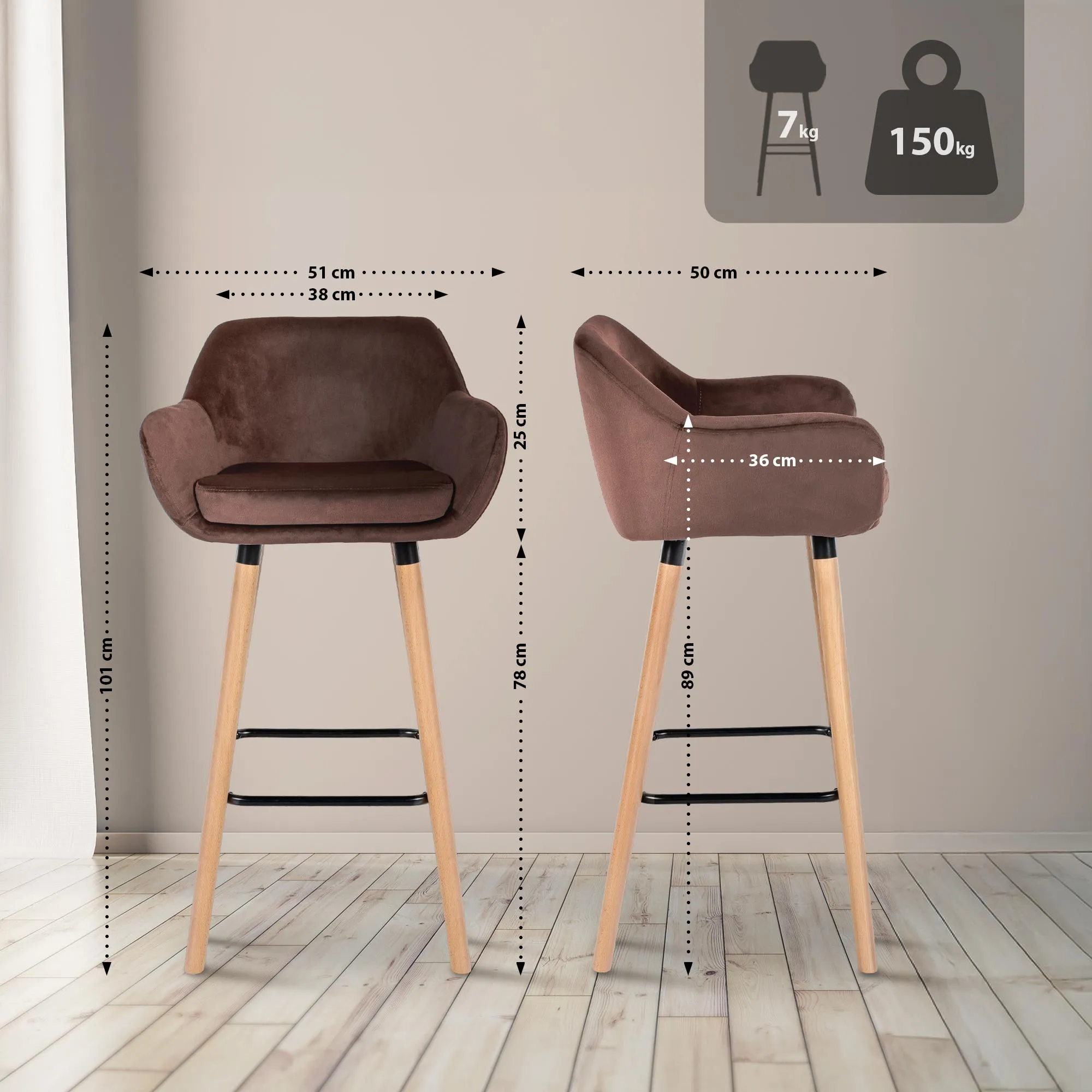 Barhocker Grant Samt 99x55x46 cm coffee