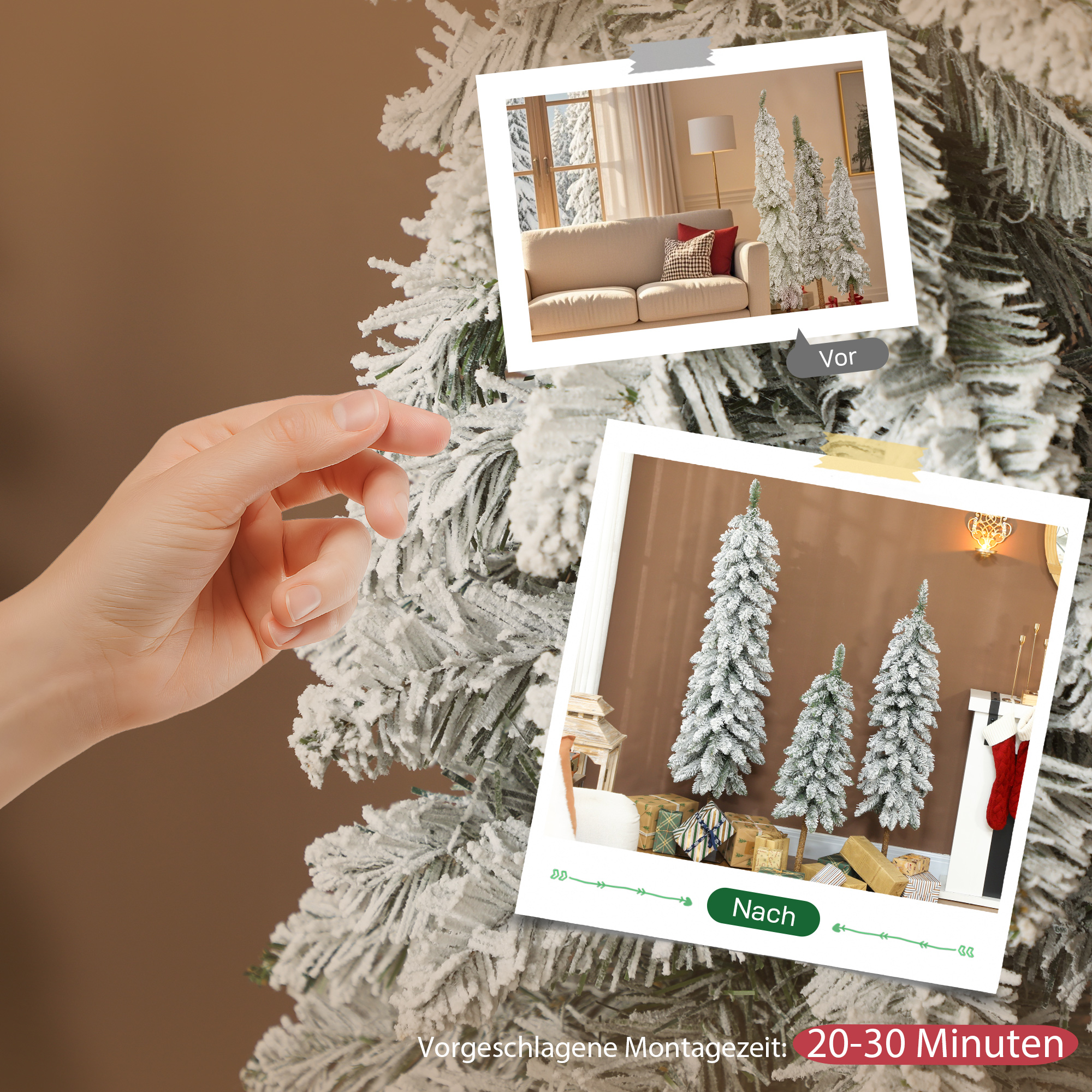 Künstliche Weihnachtsbäume 3er-Set verschneit Kunststoff Grün-Weiß