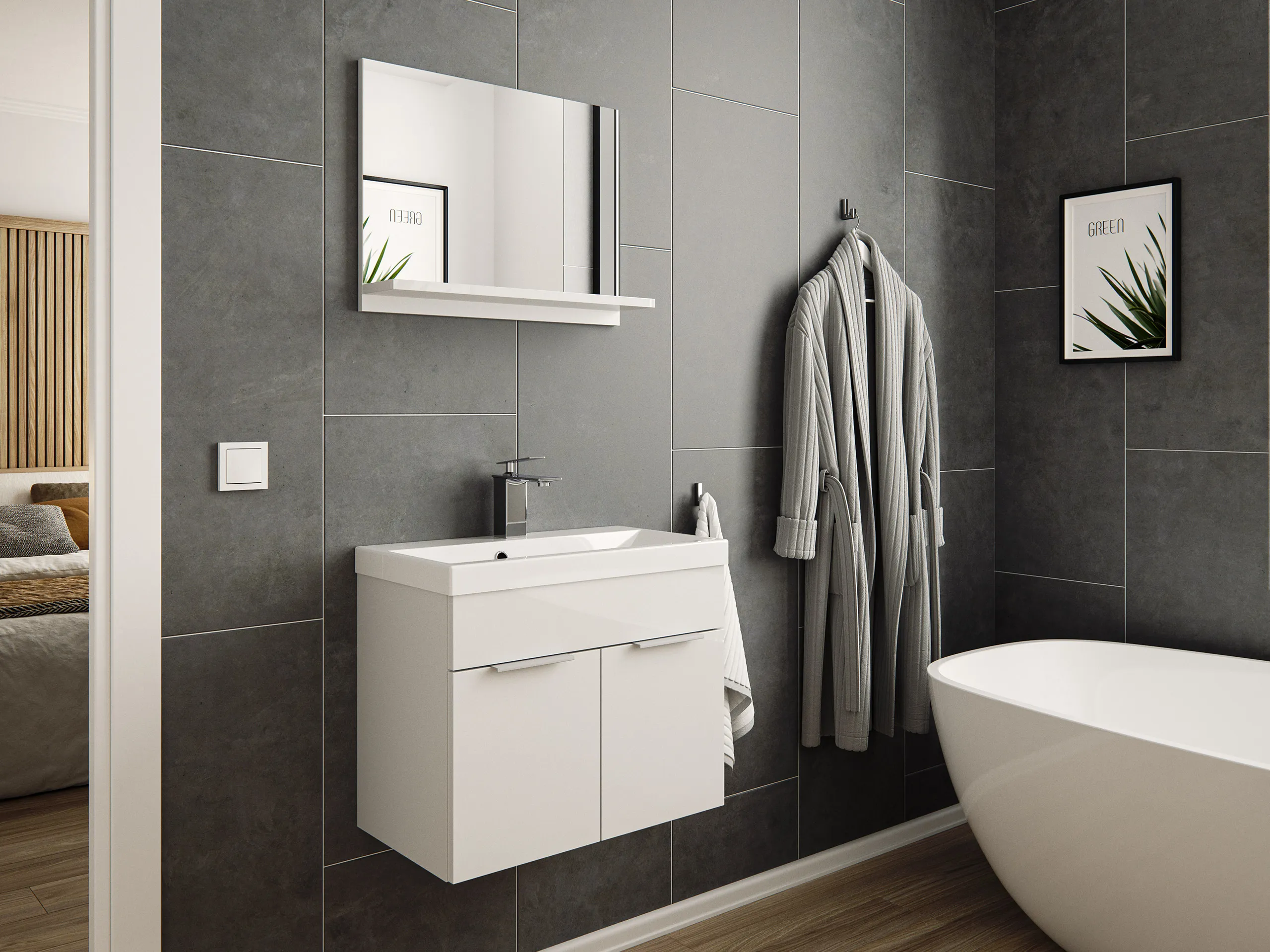 Badmöbel-Set Slimline Lago 2tlg mit Spiegel weiss hochglanz/weiss matt Badmöbel-Set Slimline Lago 2tlg mit Spiegel weiss hochglanz/weiss matt