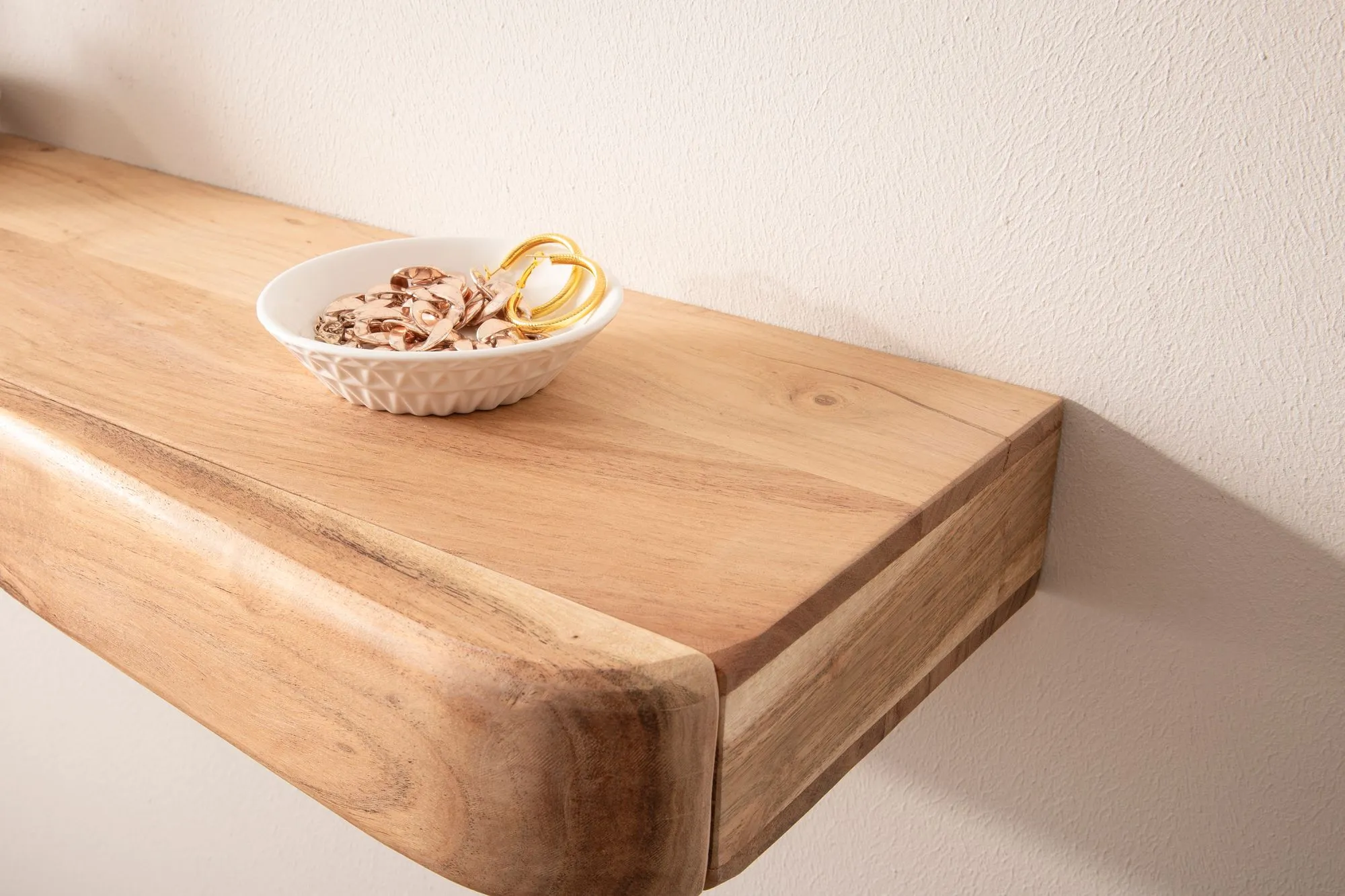 Wandregal Akazie Massivholz 60cm mit zwei Schubladen - Design Regal für die Wand - Holz Wandboard mit Stauraum - Schwebendes Hängeregal aus Echtholz