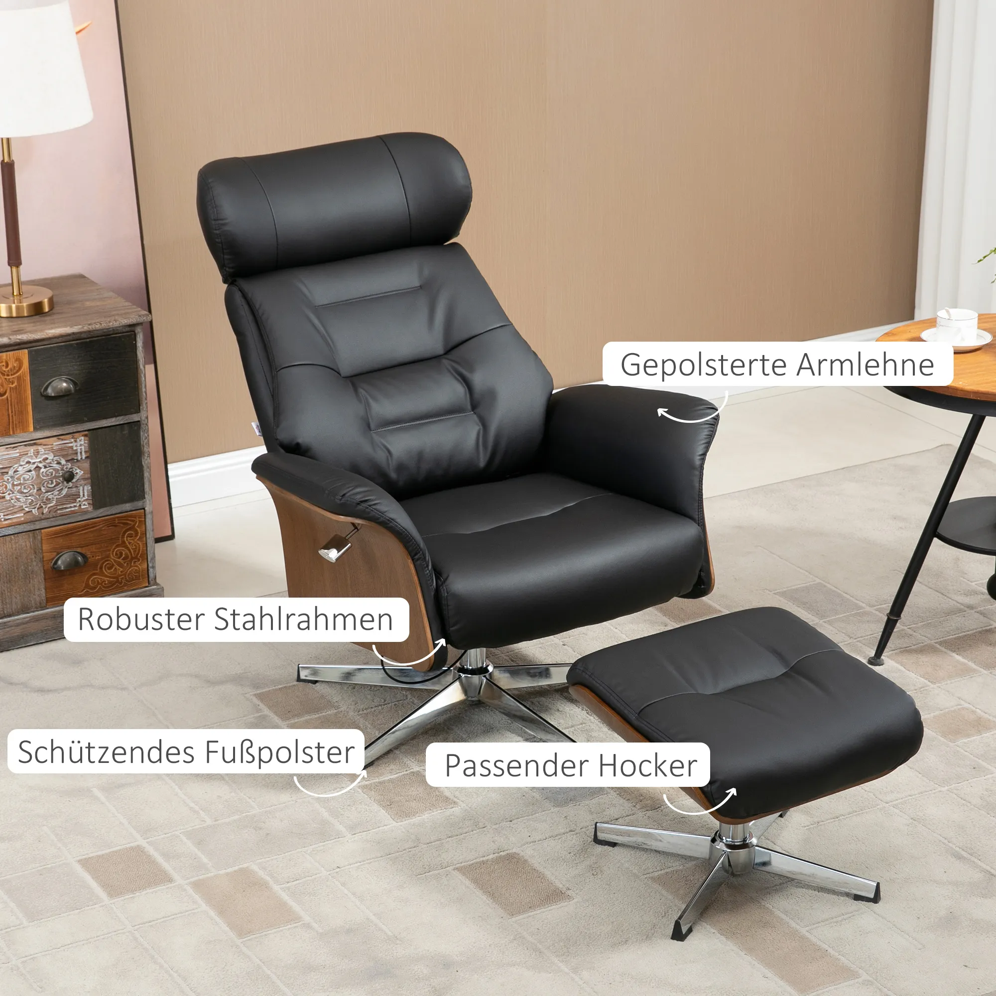 Relaxsessel mit Fußhocker, um 360° drehbar, Liegefunktion, Lesesessel, schwarz, 80 x 84 x 108 cm