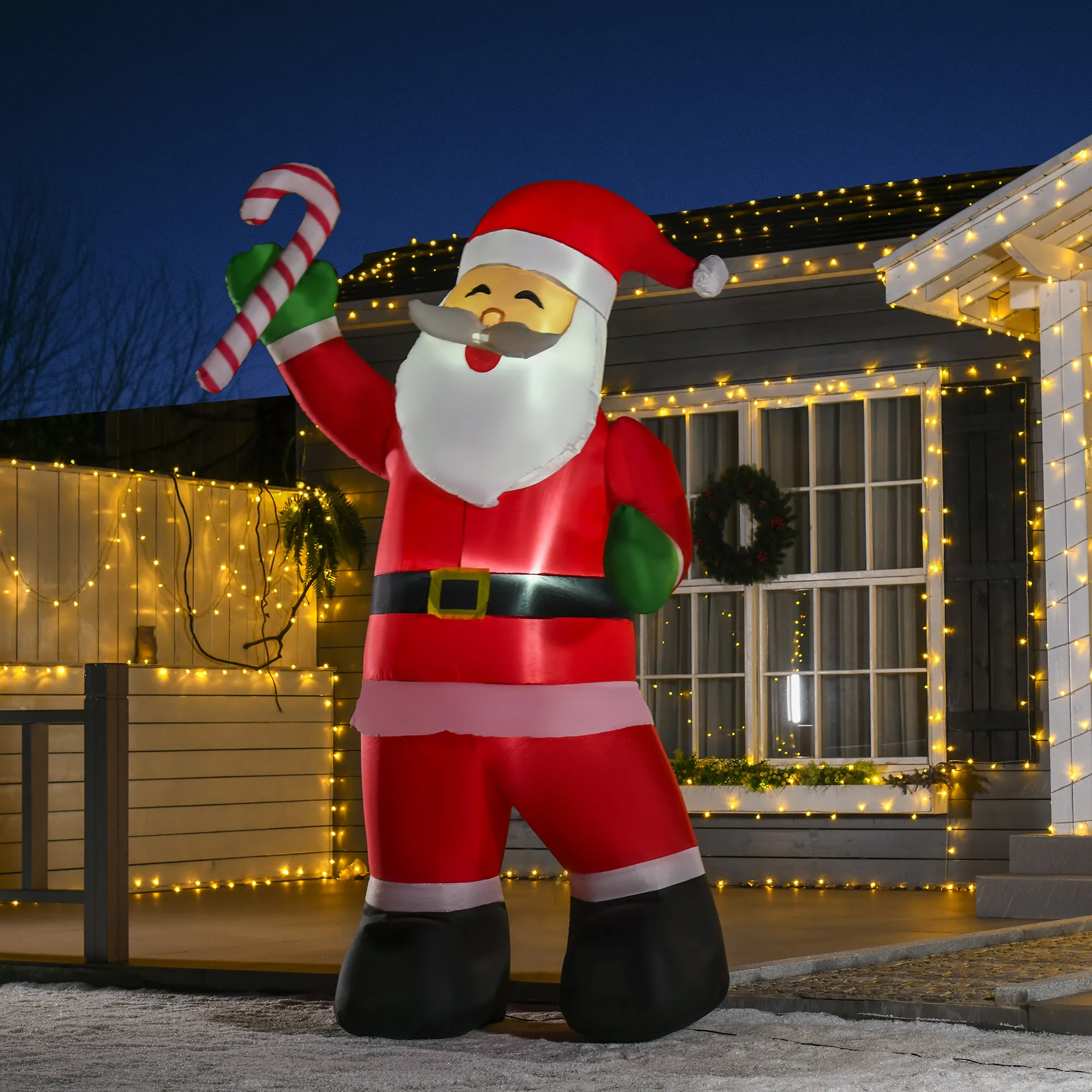 Aufblasbarer Weihnachtsmann mit LED-Beleuchtung inkl. Gebläse, Halteseilen, Bodenspieße, Sandsäcke,140cm x 85cm x 250cm