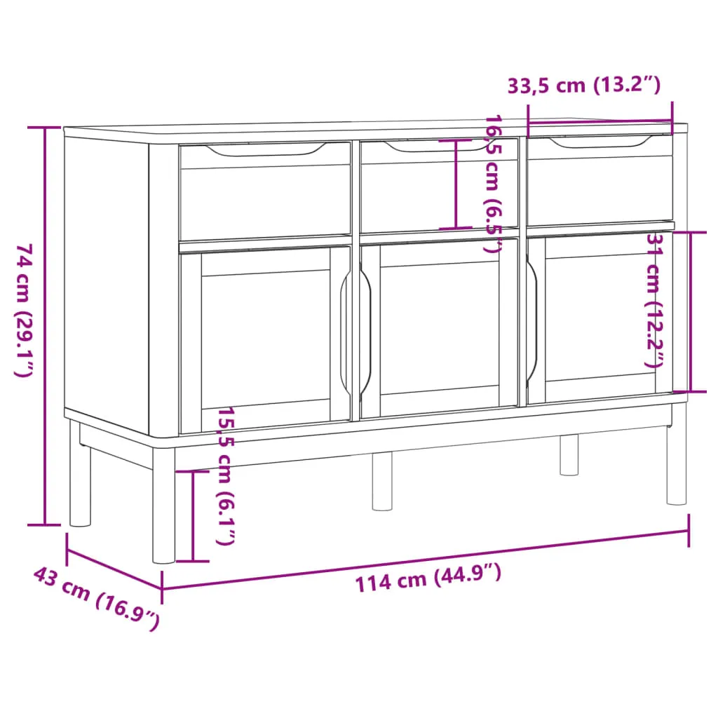 Modernes Sideboard aus massivem Kiefernholz Weiß 114x43x74 cm