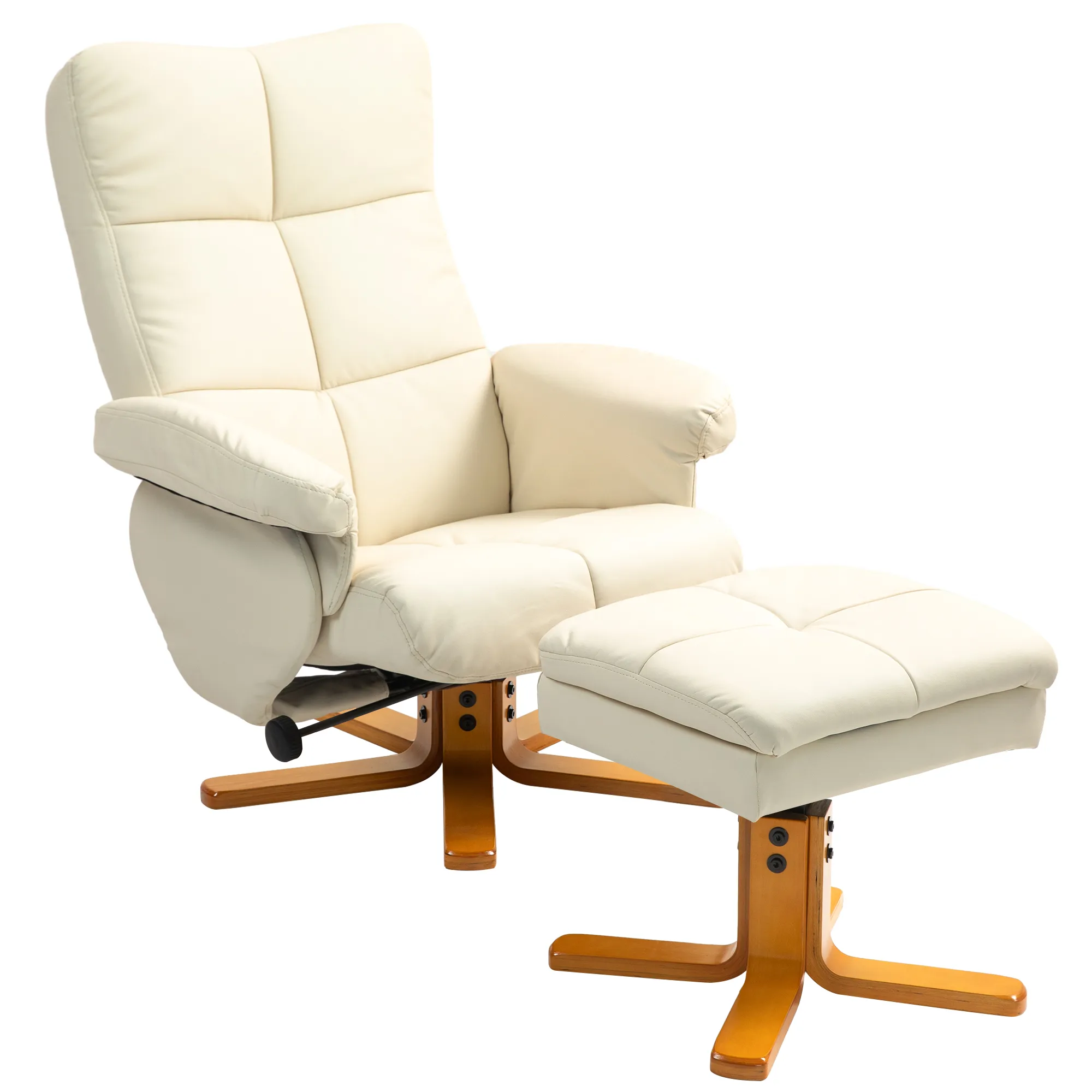 Relaxsessel mit Hocker, 145° neigbare Rückenlehne, 360° drehbar, Kunstleder, Cremeweiß