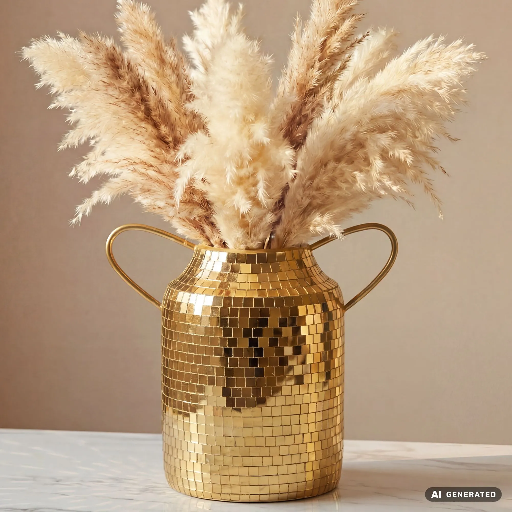Tischvase Aluminium 32cm Gold - Blumenvase mit Henkel - Metallvase im Discokugel Design Modern - Dekovase rund für Trockenblumen - Alu Standvase Vase Hoch - Wohndeko Handmade