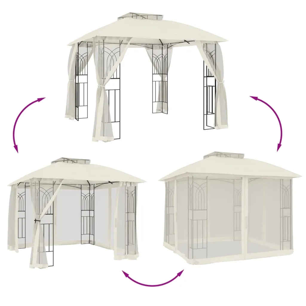 Pavillon 2,94x2,94x2,7 m Anthrazit mit cremefarbenem Polyester-Dach und Netzwänden