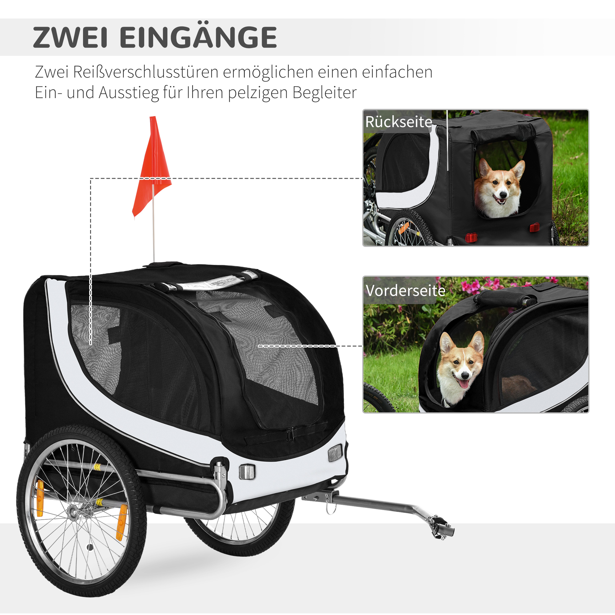 Hundeanhänger für Fahrrad bis 20kg mit Universalkupplung Weiß-Schwarz