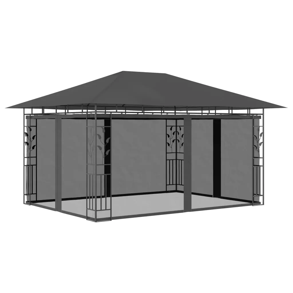 Pavillon Anthrazit 4 x 3 x 2,73 m mit Solar-Lichterkette und Moskitonetz