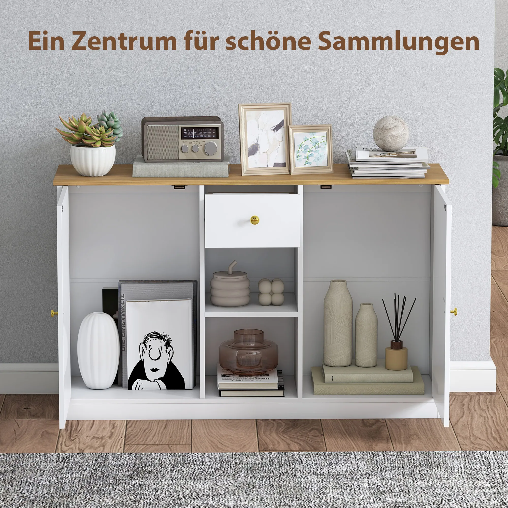 Küchenkommode, Sideboard mit Schublade, Schränken, Regalen, Spanplatte, Weiß