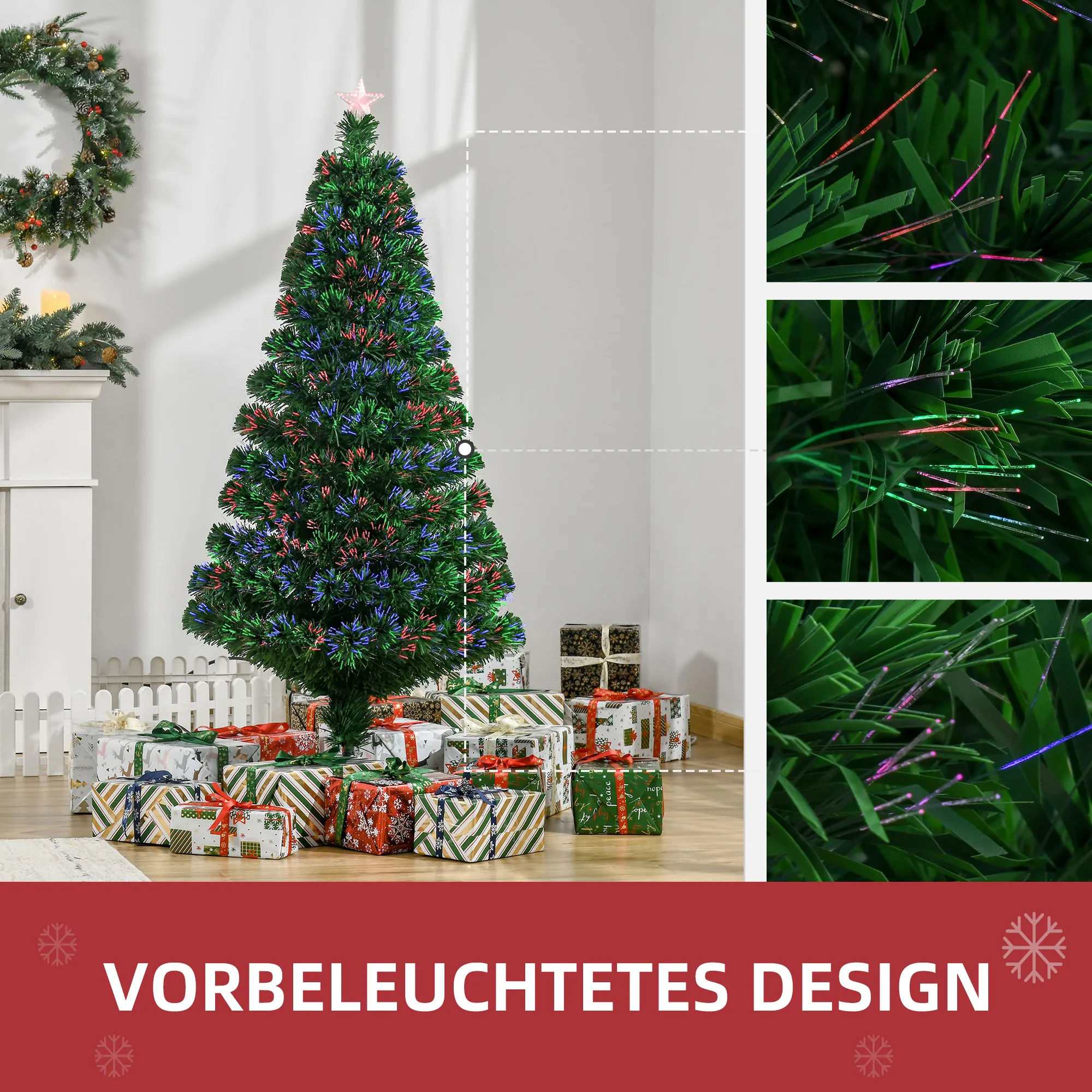 Weihnachtsbaum, Kunsttanne mit Weihnachtsschmuck, LED-Lichter, 60 x 60 x 120 cm, Grün