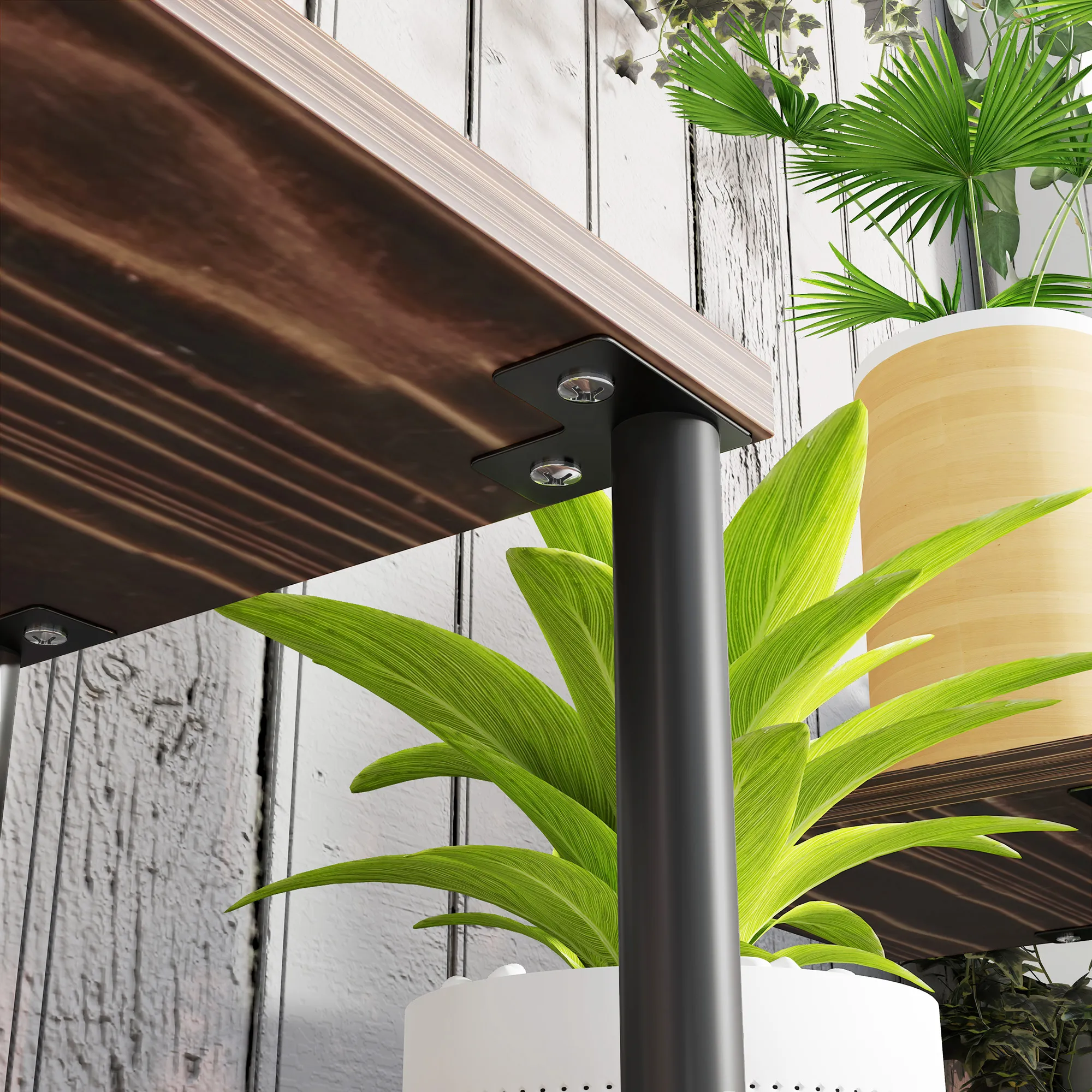 Blumenständer mit 4 Ebenen, 4-stufiger Pflanzenständer, Blumentopfhalter für drinnen und draußen, Holz, Stahl