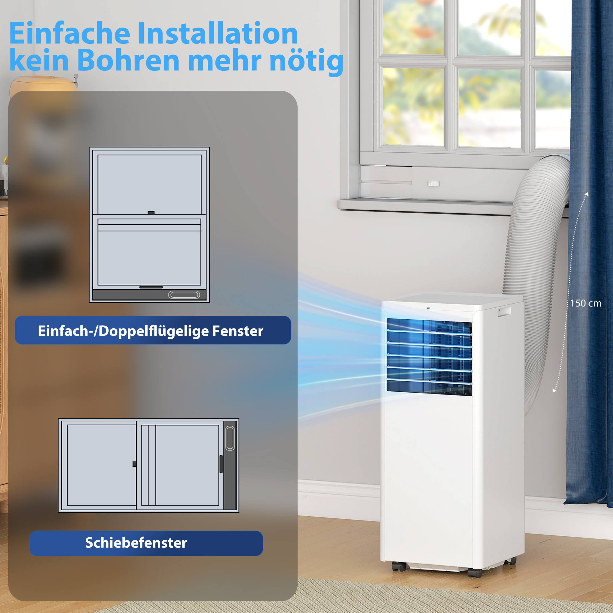 Tragbares Klimagerät 9000 BTU, 4-in-1 mit Kühlung, Entfeuchter, Ventilator, Schlafmodus