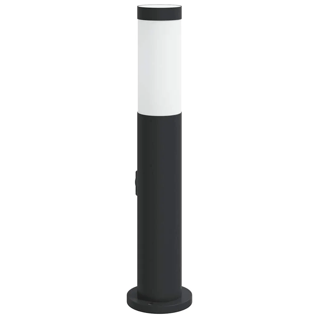 Schwarze Edelstahl Pollerleuchte 11x50 cm mit integrierter Steckdose