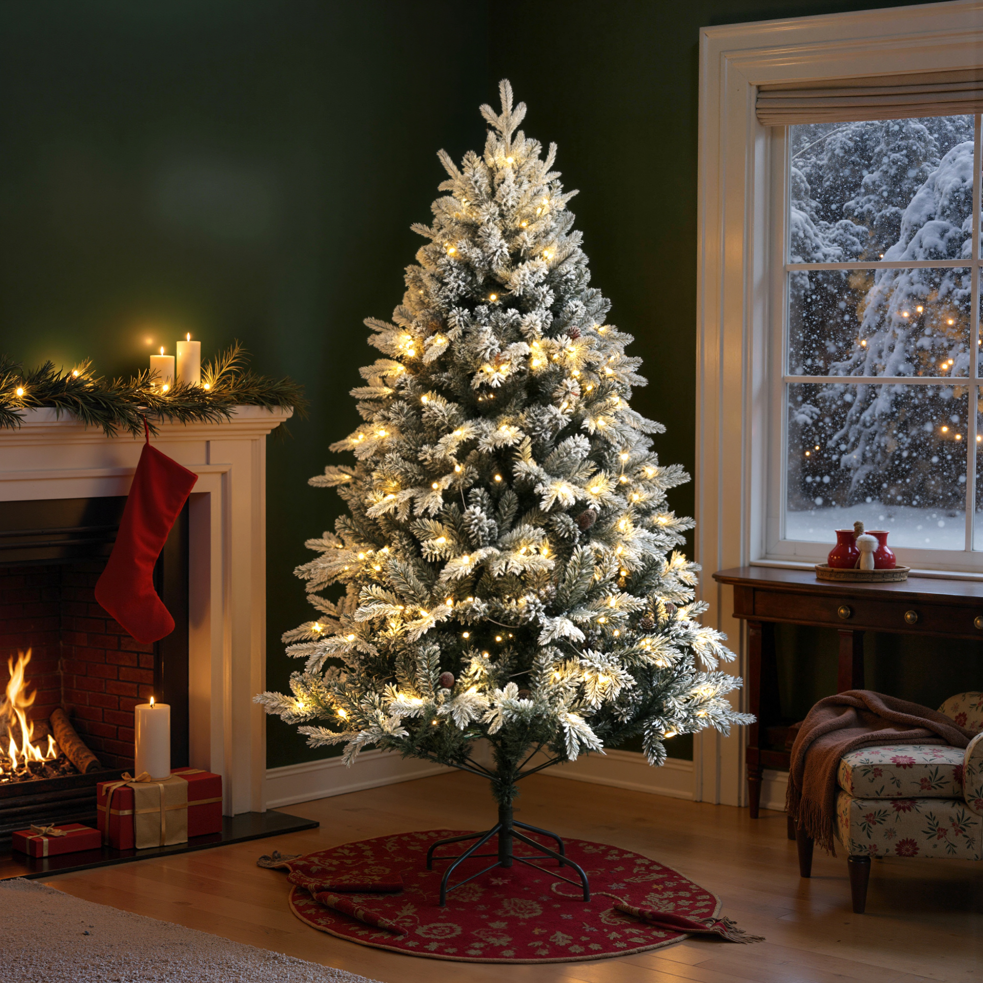 Künstlicher Weihnachtsbaum 180 cm mit LED-Lichter, beschneit, Grün