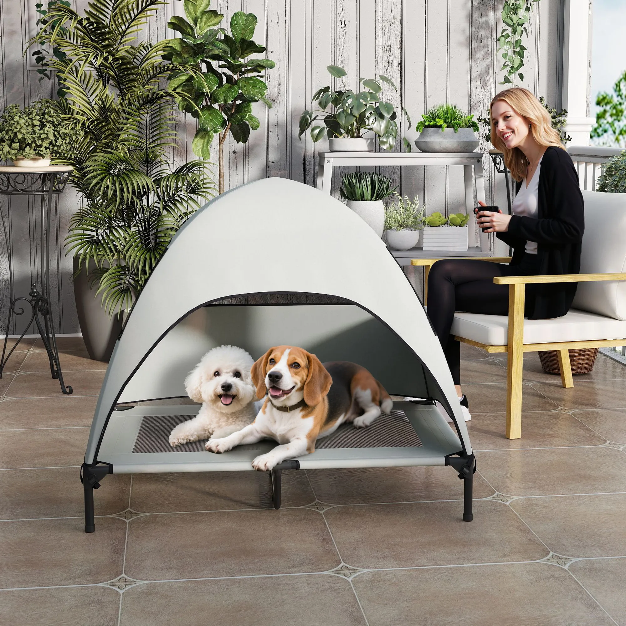 Outdoor Hundeliege 106x76 cm in Hellgrau+Schwarz