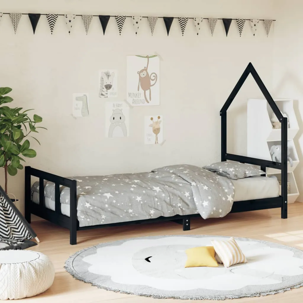 Kinderbett in Schwarz, 195,5 x 95,5 x 136 cm aus massivem Kiefernholz