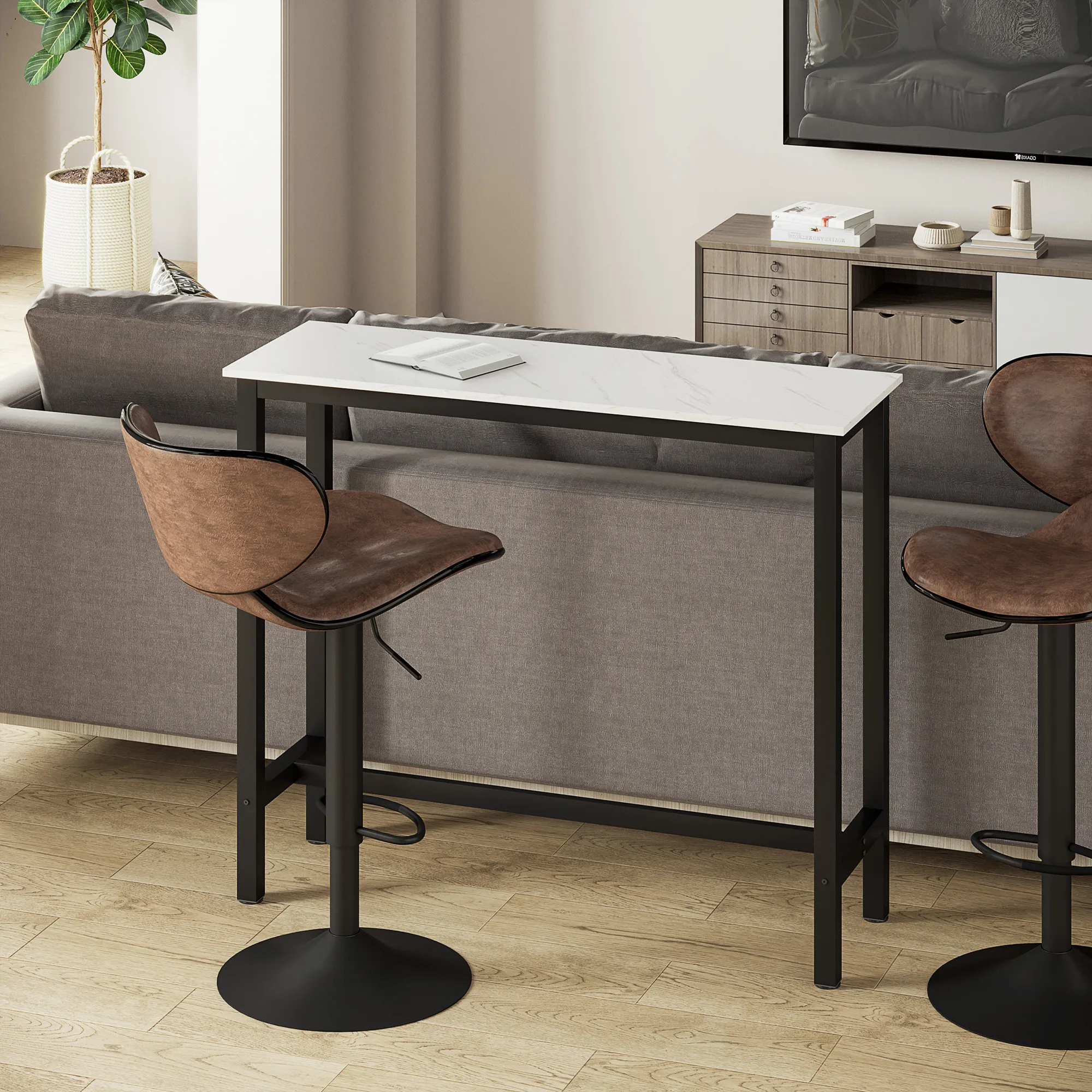 Bartisch 120x40x100 cm in Weiß und Schwarz mit Marmoroptik
