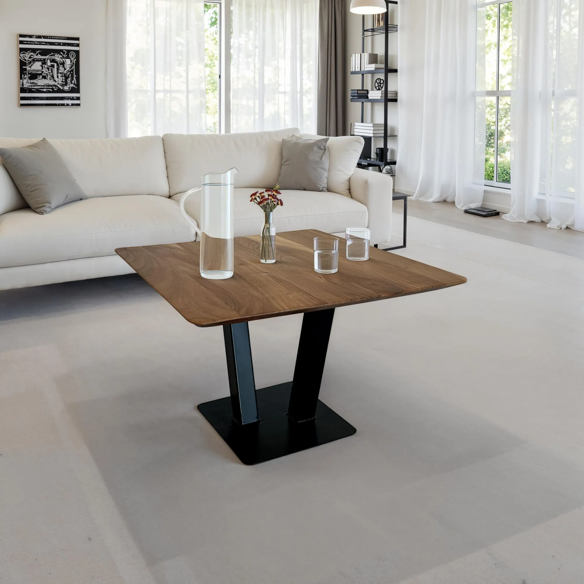 Couchtisch 60x60x40 cm Akazie Massivholz Metall Sofatisch Quadratisch