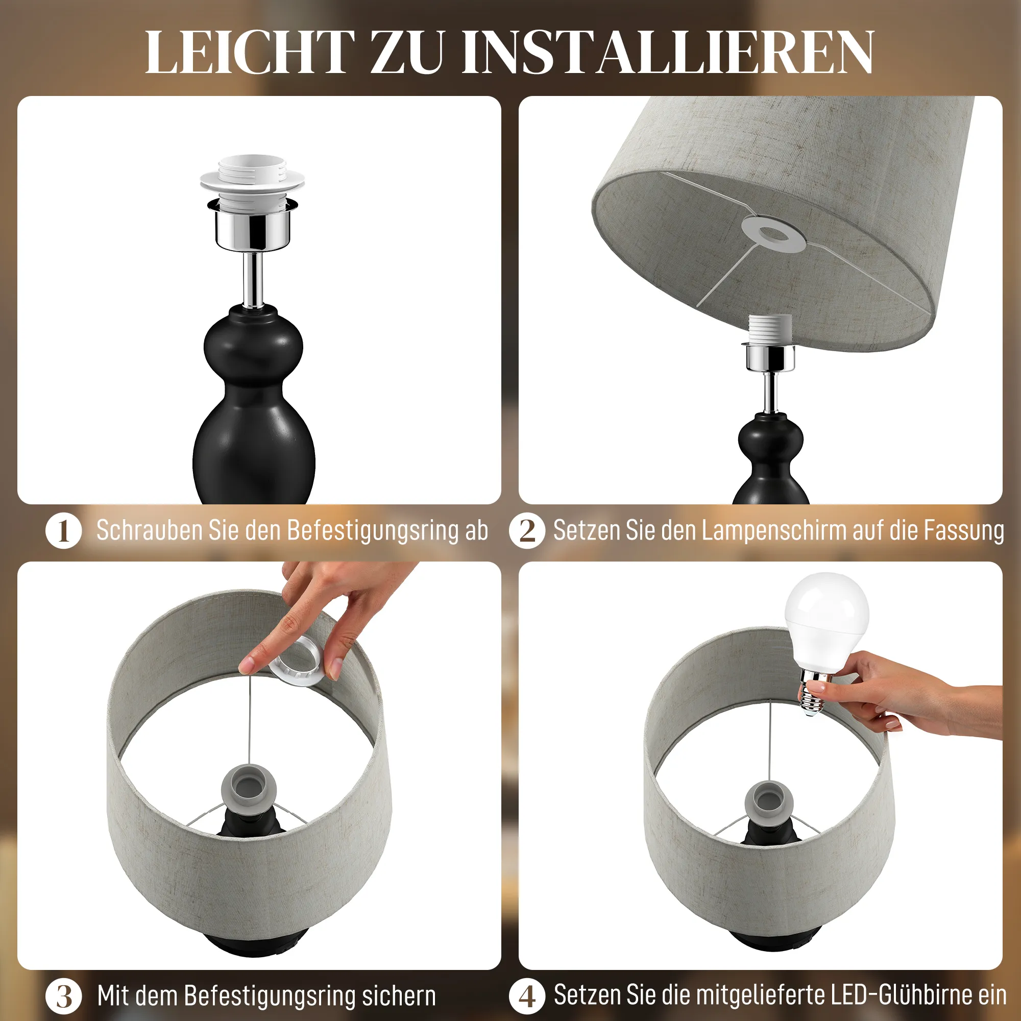 Nachttischlampe LED mit USB A+C, Leinen, Schwarz, 54 cm hoch