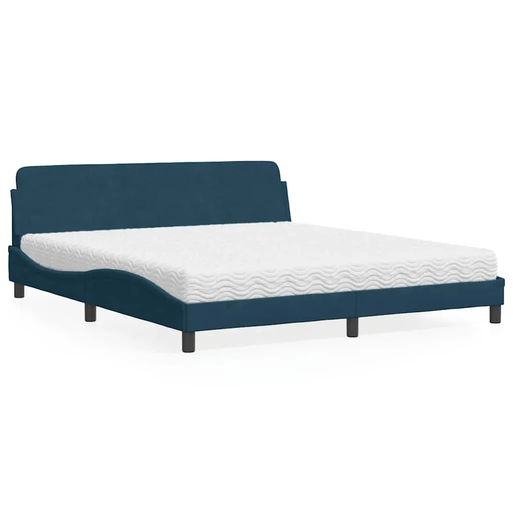 Blaues Samt-Bettgestell mit Schaumstoffmatratze 218x185x74,5 cm