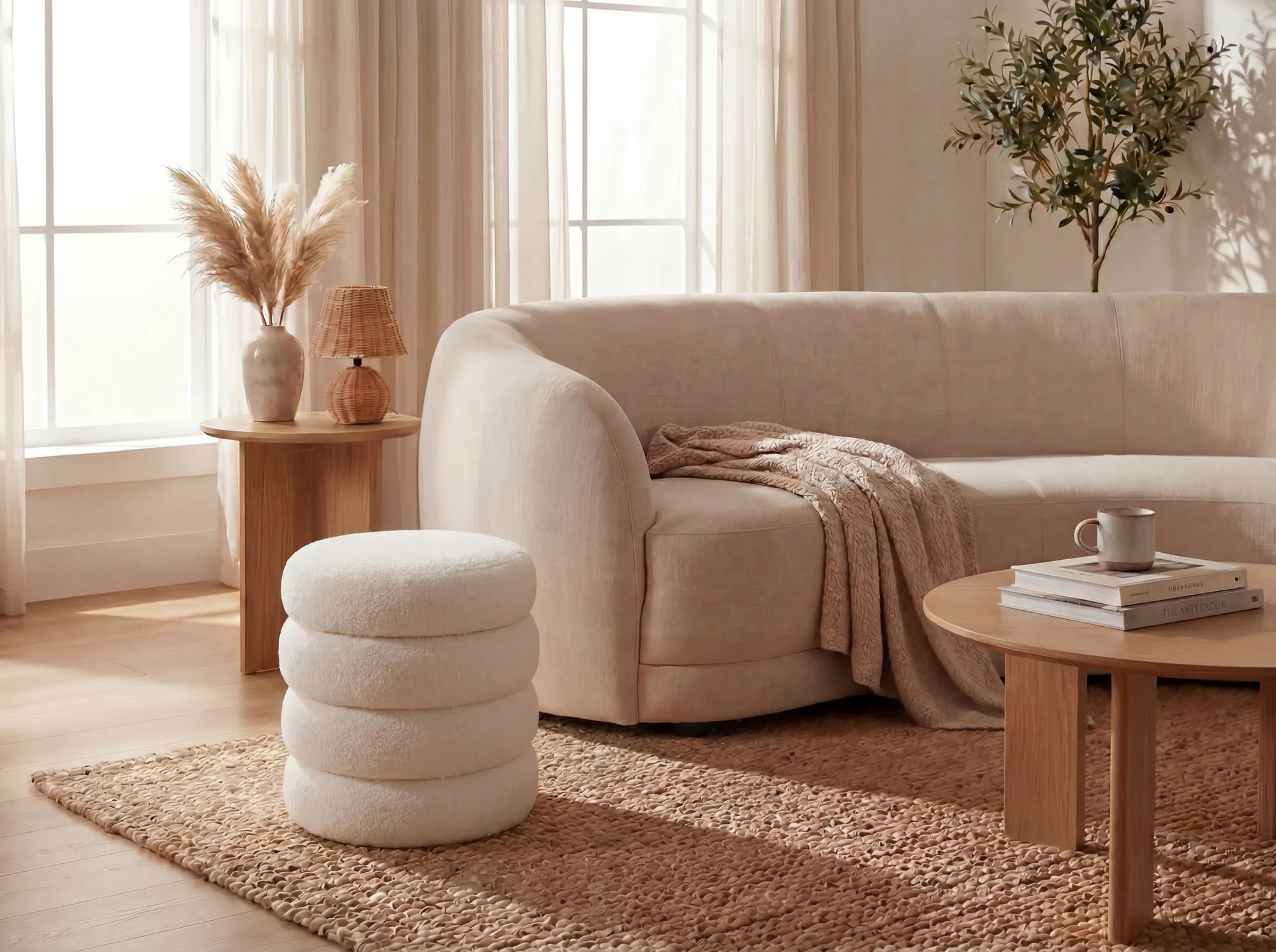 Sitzhocker mit Stauraum aus Teddy Stoff 40cm Creme Rund - Design Boho Stoffhocker mit abnehmbarem Deckel - Polsterhocker Schminktisch Hocker - Beistellhocker für Wohnzimmer Handmade