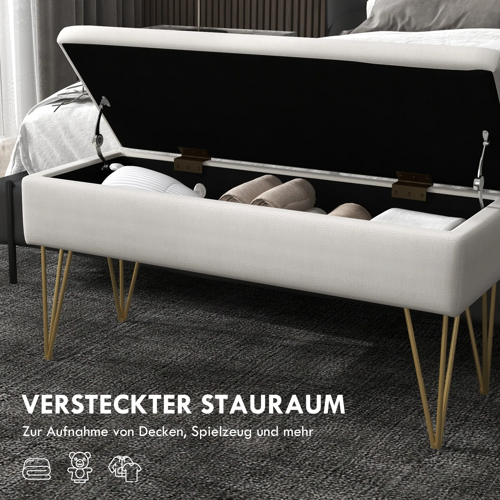 Bettbank mit Stauraum, dicke Polsterung, atmungsaktiver Stoff, Stahlfüße, 100x40x49 cm, Creme