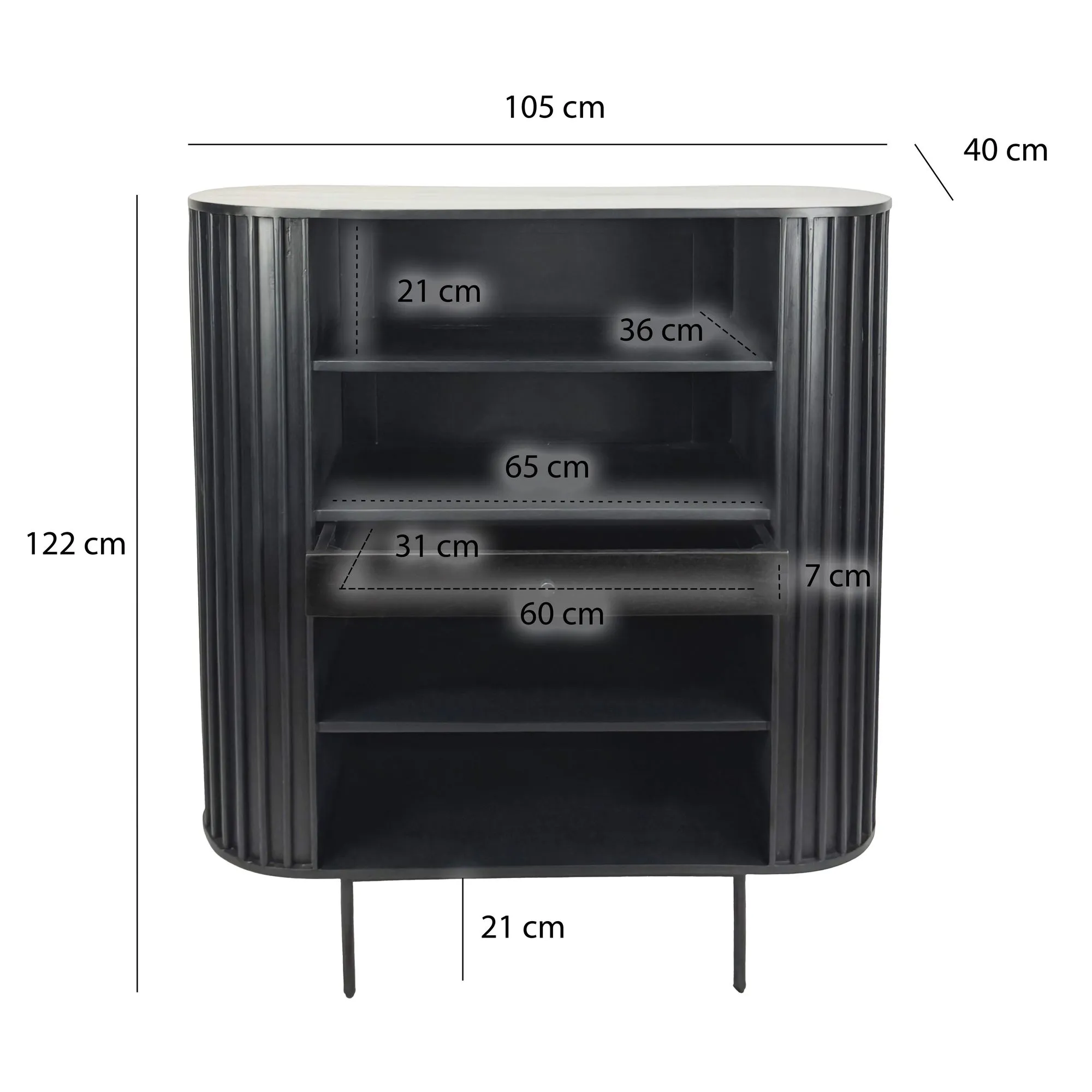 Bücherregal Massivholz Mango 105x122 cm Lamellen Design Schwarz - Offenes Standregal mit Schublade - Stauraumregal Metallbeine - Wohnregal Wohnzimmer - Kleiner Schrank Regal Handmade