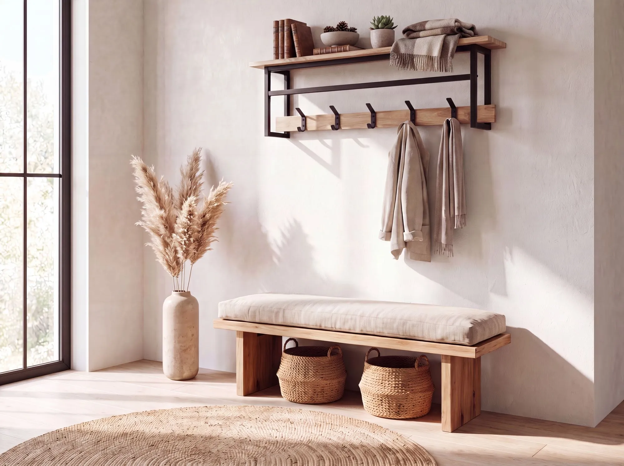 Wandgarderobe Akazie Massivholz 100cm mit Ablage - Modernes Garderobenpaneel Hängegarderobe mit 5 Haken und Kleiderstange - Garderobenleiste Flurgarderobe Massiv Handmade