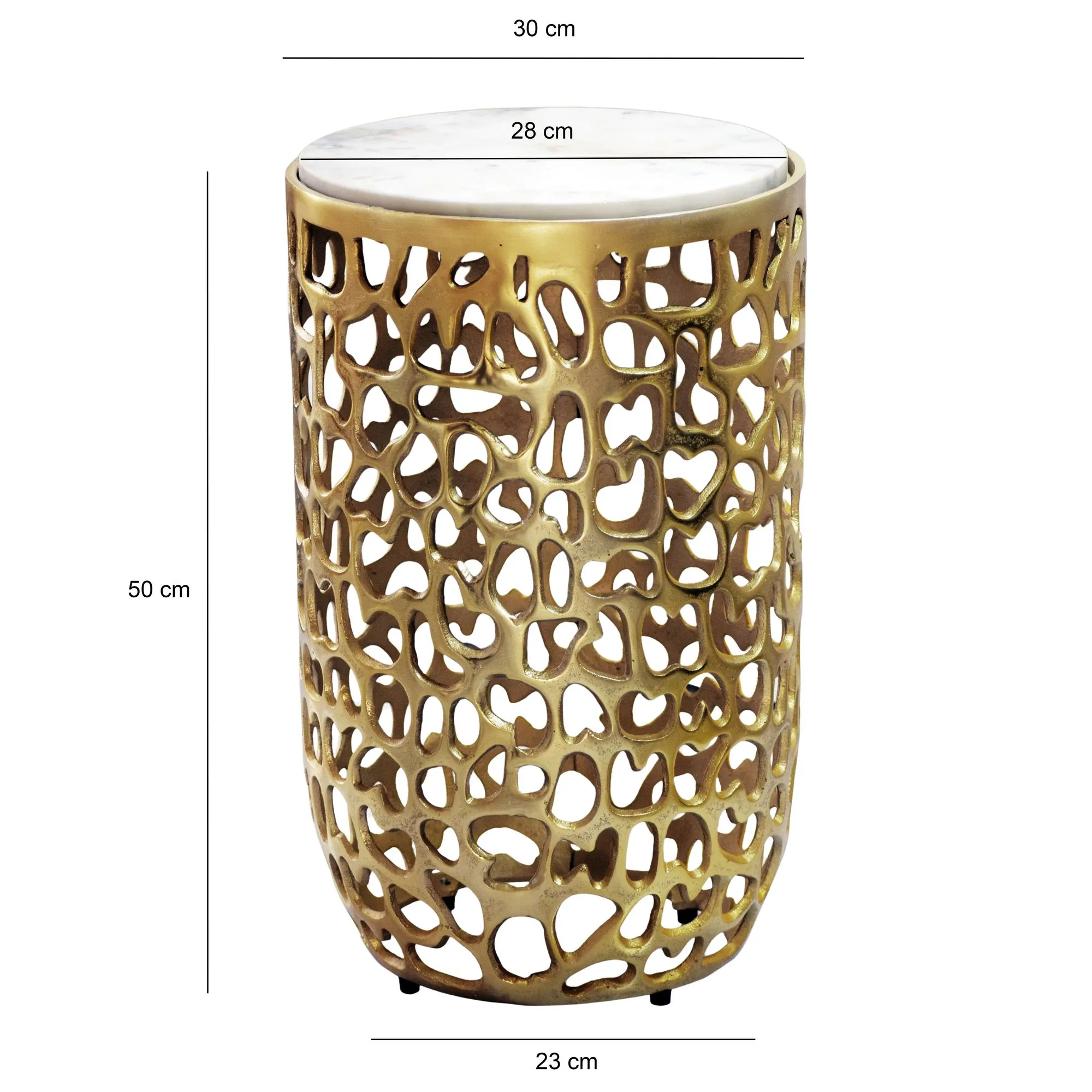 Beistelltisch Aluminium gold rund 30cm – Anstelltisch mit Marmor Tischplatte – Design Metall Couchtisch für Wohnzimmer – runder Wohnzimmertisch modern – Dekotisch Handmade Sofatisch