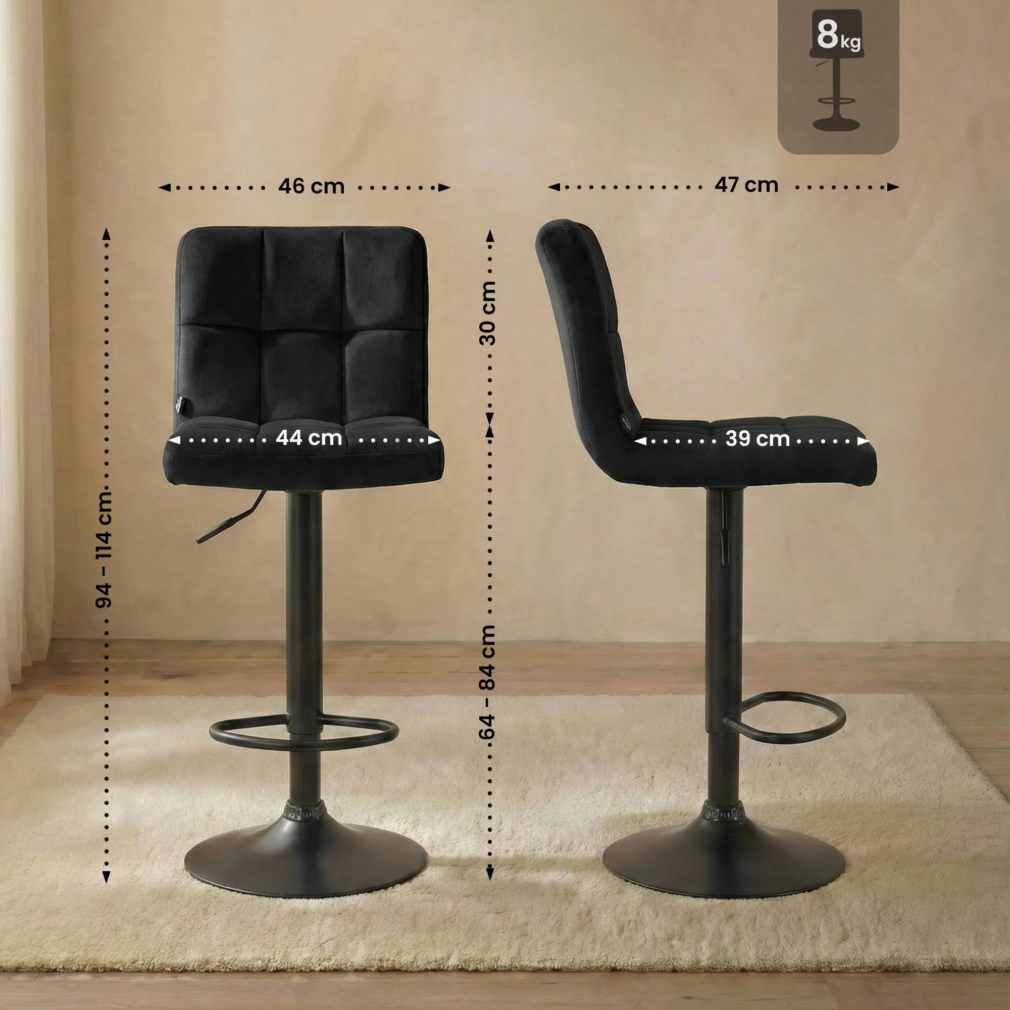 Barhocker Peru Set 2-teilig 94x46x47 cm schwarz